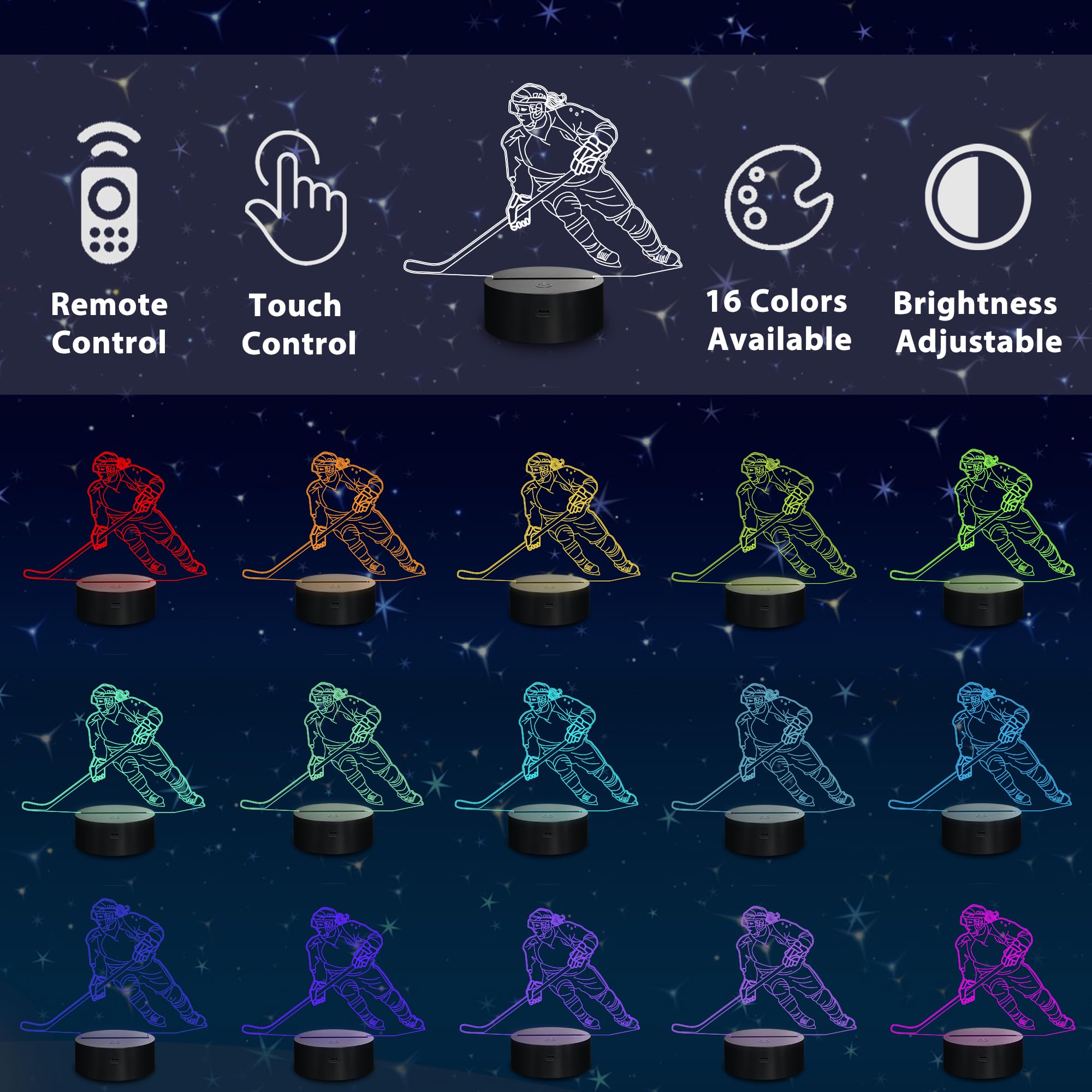 Lampeez Ice Hockey Player 3D Night Lights for Girls, LED 16 Colors Remote Control Changing Touch Dimmable Table Desk Lamp, Hockey Gifts for Female Hockey Players Sports Hockey Fans