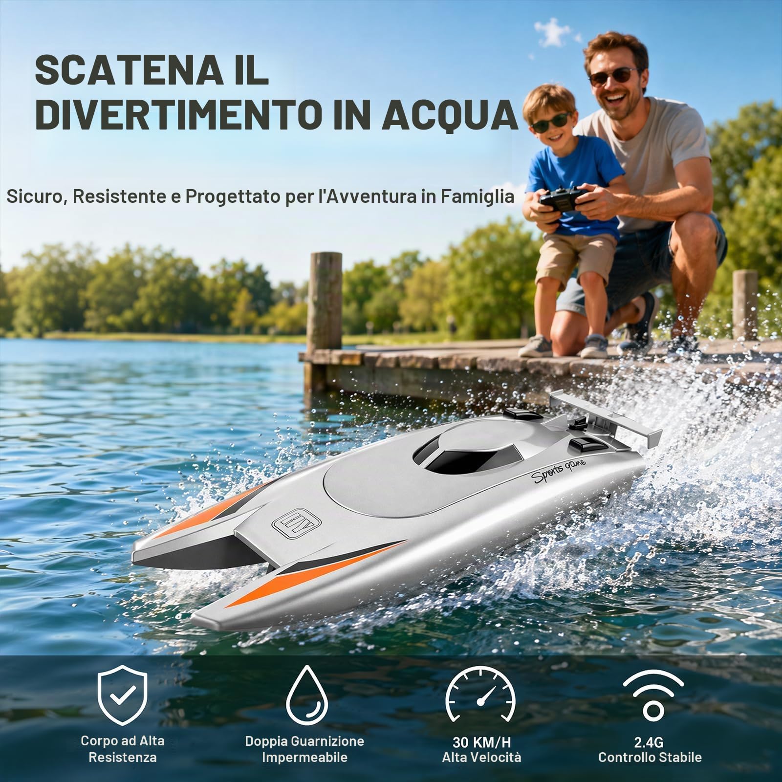 Barca telecomandata per bambini e adulti, barca da corsa ad alta velocità da 15 km/h, con doppio motore, barca da corsa ad alta velocità, 25 km/h, 2 canali per piscine o laghi (argento)