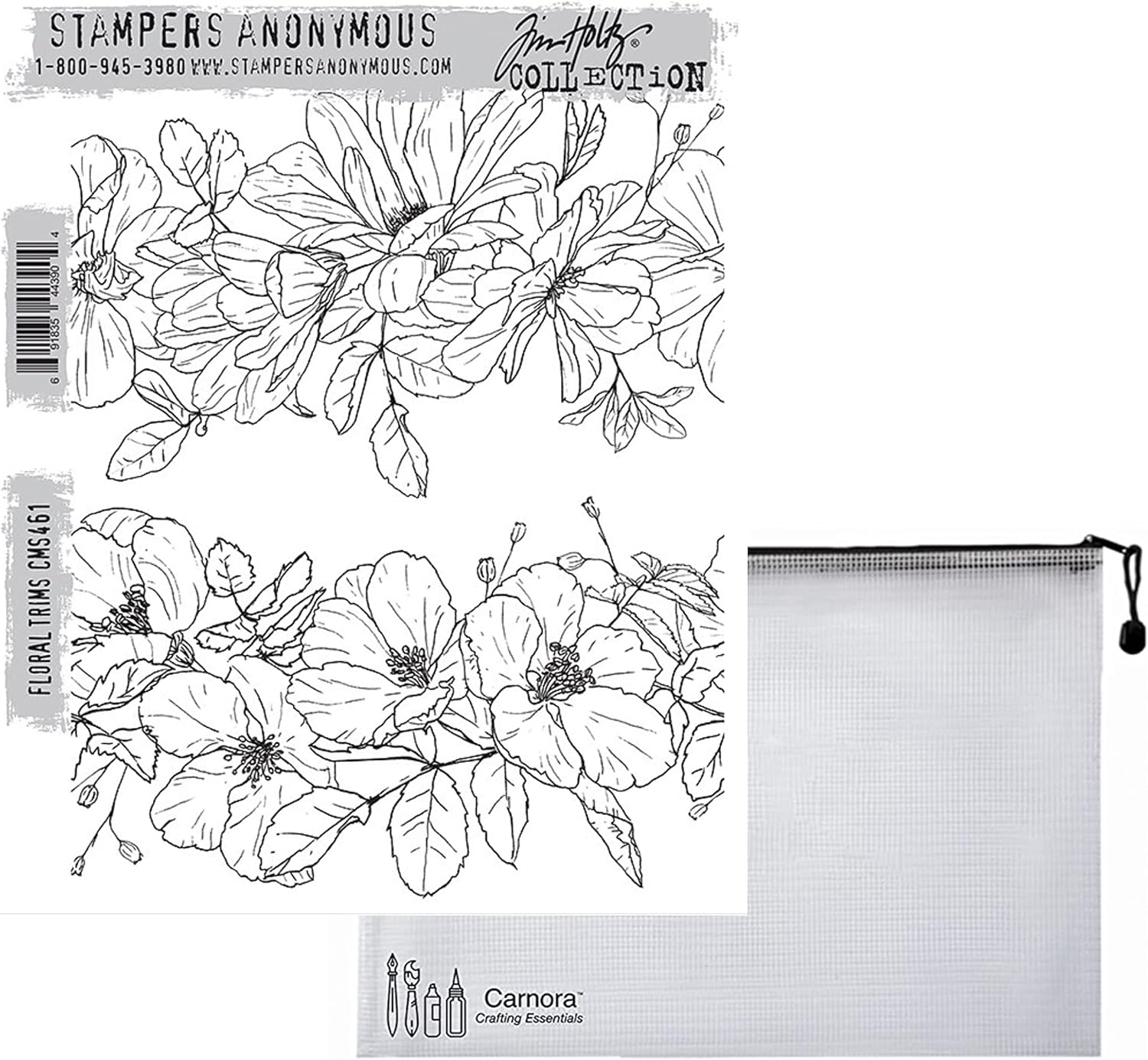 Tim Holtz Stampers Anonymous Floral Trims Cling Stamp + Carnora Mesh Storage Bag, April 2023 Release (CAR2CMS461)
