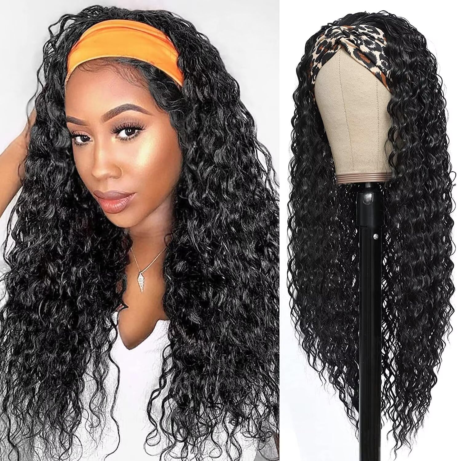 22 Inch Headband Wig Human Hair Water Wave Curly Headband Wig For Women's Easy Style Wigs for Daily Use And Busy Morning Natural Black 150% Density