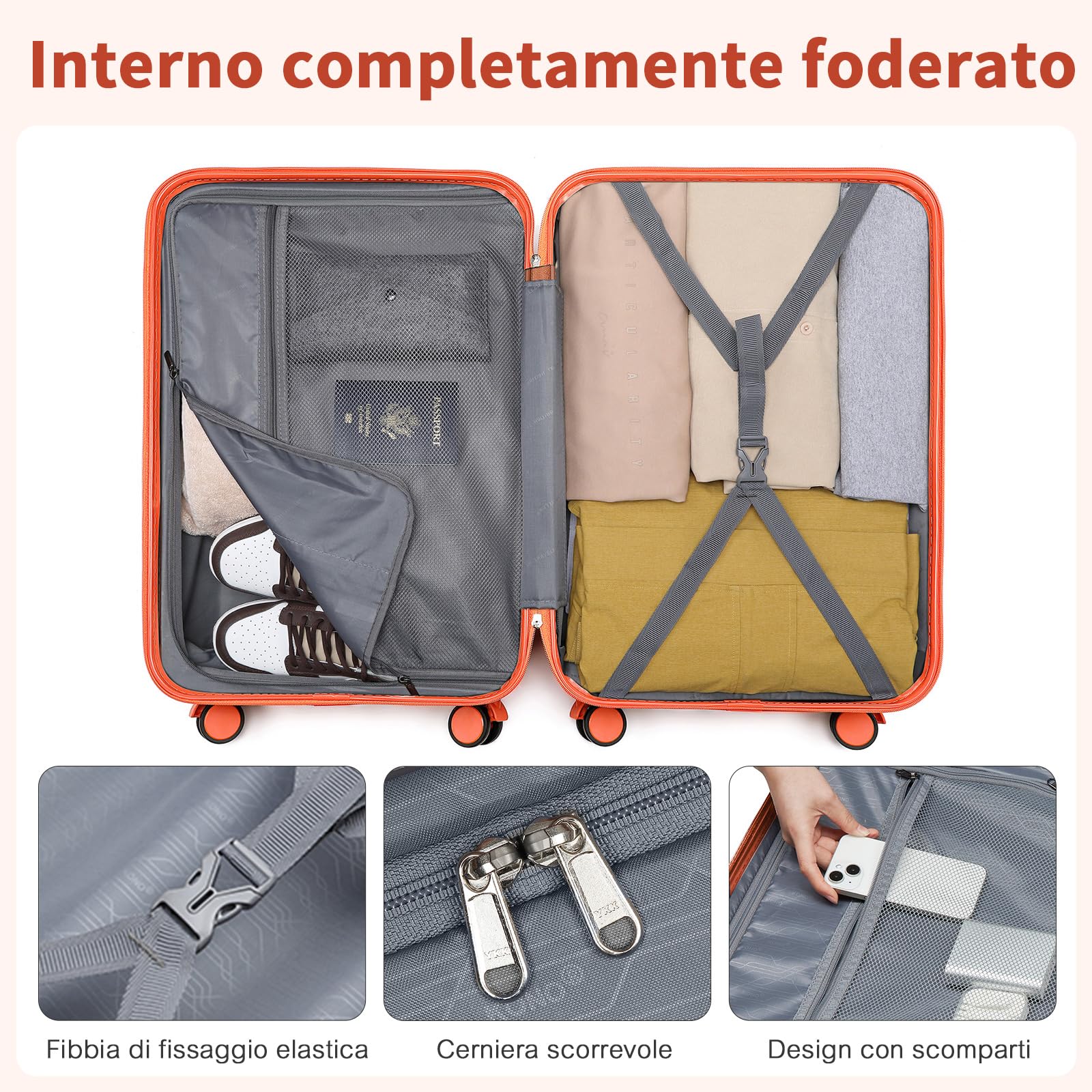 British Traveller Valigia con Ruote 64cm Trolley Rigida Trolley Medio con TSA Lucchetto, Arancione