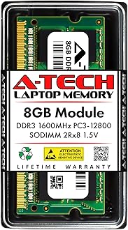 A-Tech 8GB DDR3 1600 MHz SODIMM PC3-12800 2Rx8 1.5V CL11 204 Pin Non-ECC Unbuffered Notebook Laptop RAM Memory Upgrade Module
