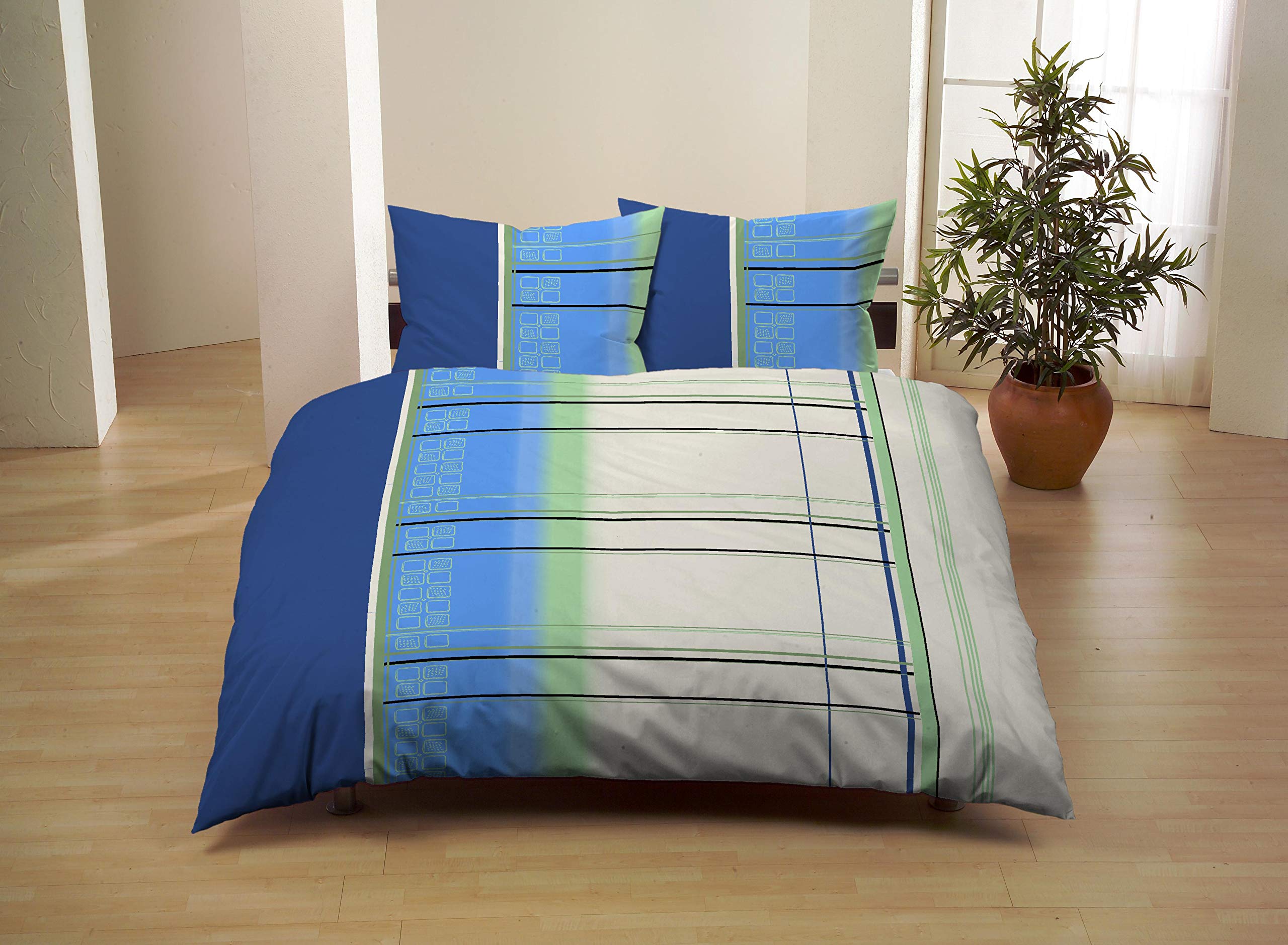 3 TLG. Bettwäsche 200x200 cm + 70x90 cm, Baumwolle Satin, Kariert Blau Beige Grün