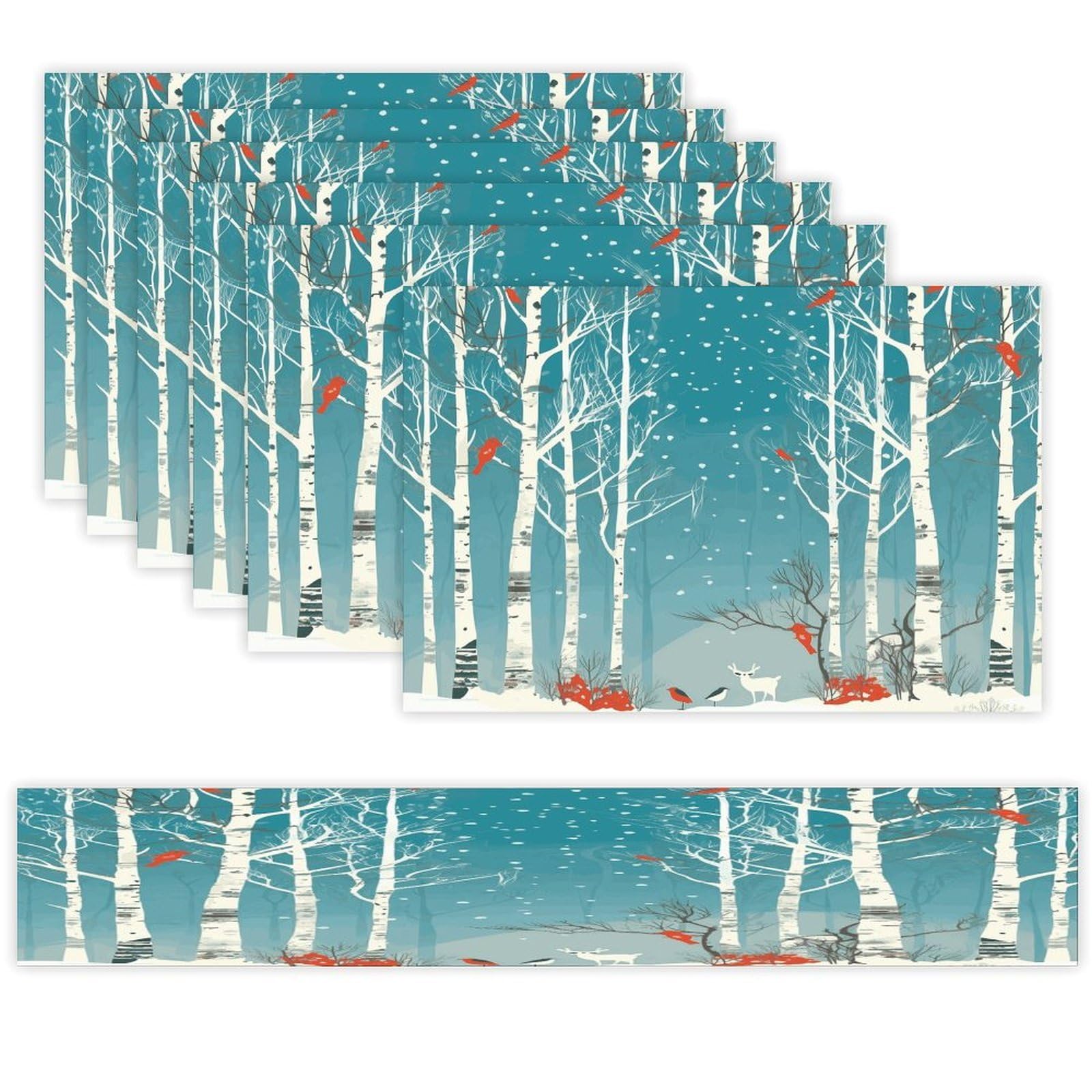 Merry Christmas Birch Tree Table Runner and Placemats Set of 6 for Kitchen Washable Table Mats Heat Resistant Place Mats Non-Slip Place Mat Wipeable Placemat(6 Placemats+1 Table Runner)