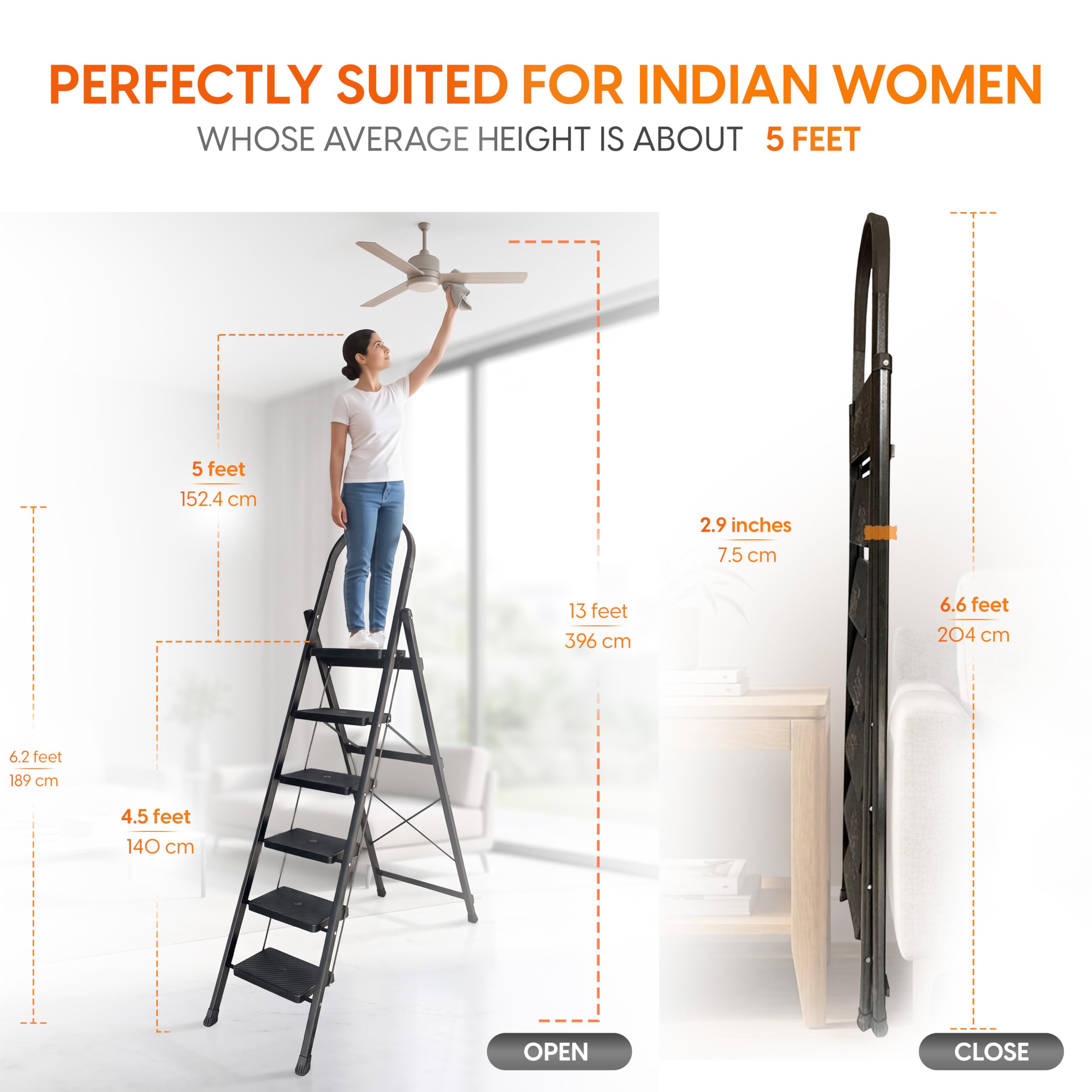 HOUZA Steel Ladder for Home 6 Steps Foldable with Anti-Skid Wide Steps (30cm x 20cm) | 6 Step Ladder for Home Use with D-Shape Rods | Secure Lock | 150 Kg Capacity Folding Ladder | 5 Year Warranty — Amazon image 2