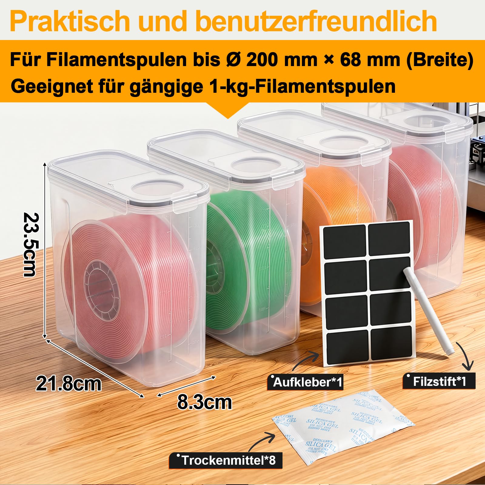 Filament Aufbewahrungsbox 4L mit Trockenmittel & Marker, 6er | Luftdichter Filament Container für gängige Materialien; Filament Box mit Etiketten und Marker zur 3D Druck Aufbewahrung