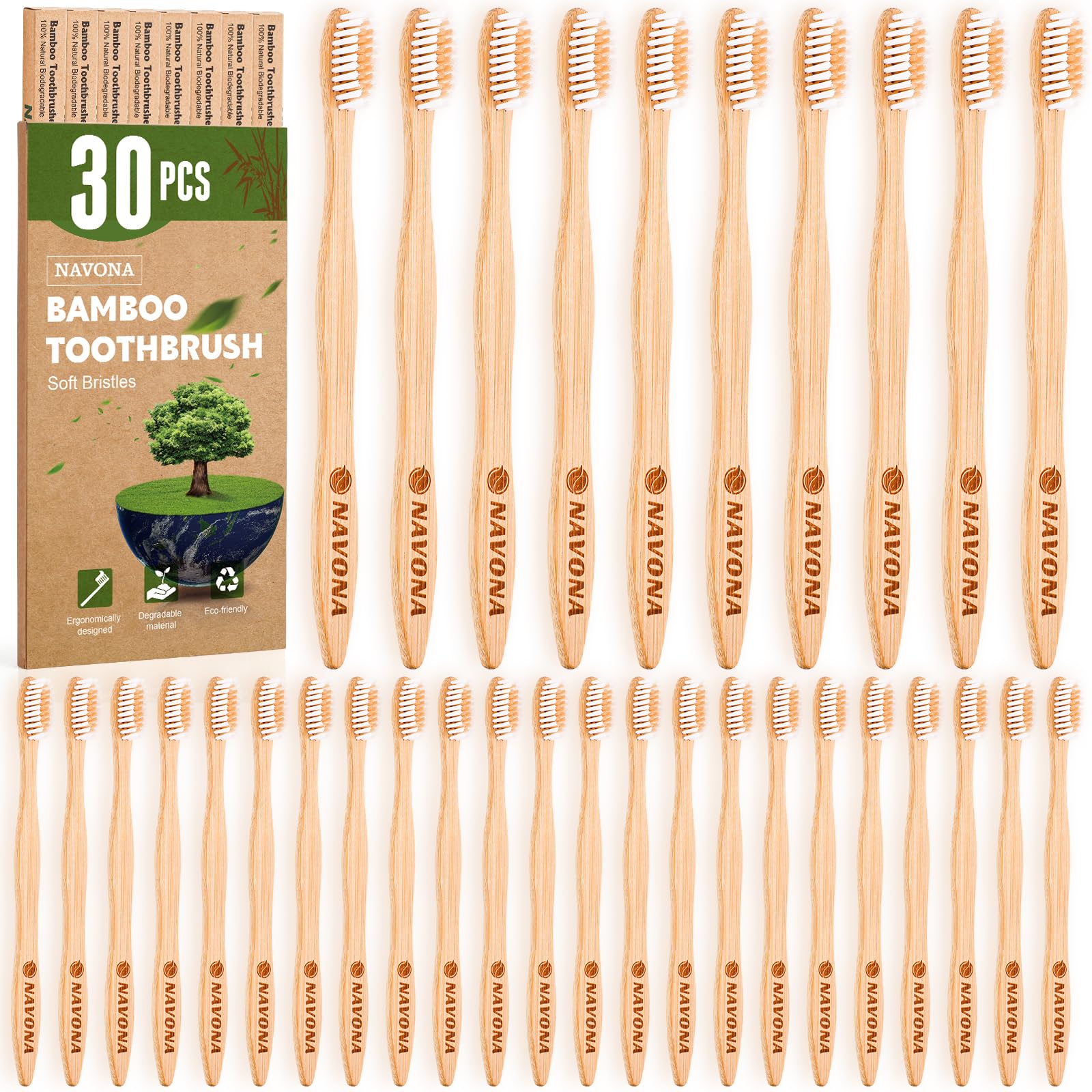 30 PCS Bamboo Toothbrushes Pack, BPA Free Medium Soft Bristles Toothbrushes for Adults, Eco-Friendly Natural Wooden Toothbrush Bulk, Box of Two Reusable Travel Toothbrush