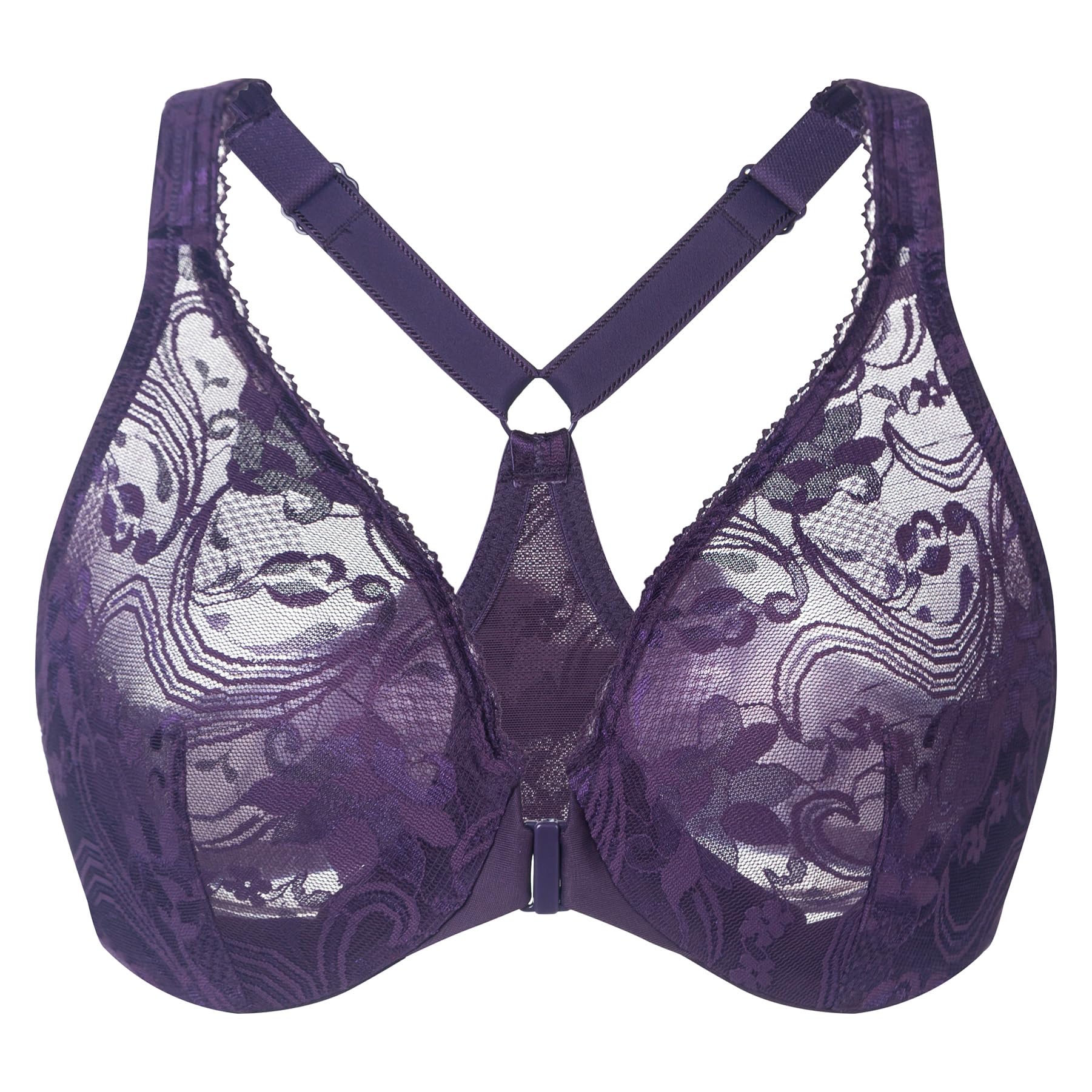 Meleneca Women's Purple Plus Size Racerback Unlined Lace Underwire Front Closure Bra 44C