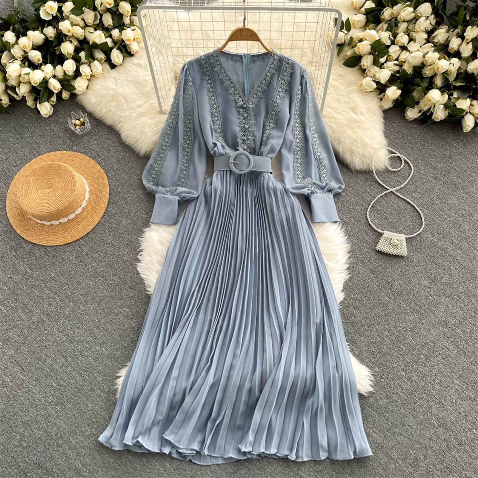 open lace back dress Zapaka Women Black Pleated Long Formal Dress A Line Halter Chiffon Evening Dress with Slit, Dark Navy / US14