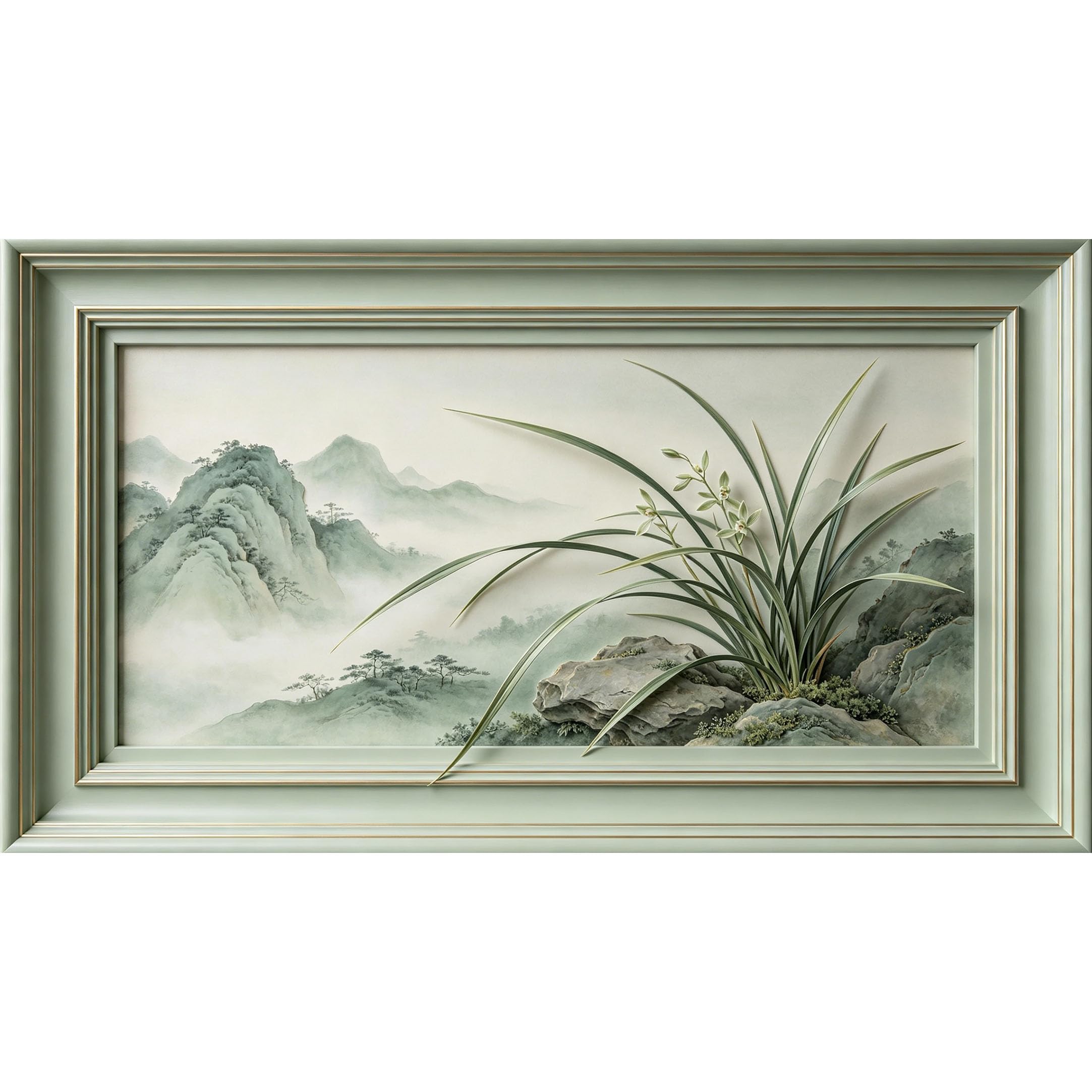 QZLITHOTIC 50x90cm3D Framed Wall Art， Misty Mountain Landscape Botanical Orchid Self‑Adhesive Mural， Water‑Activated Peel & Stick Fabric Decor Wall Decal for Bedroom Living Room