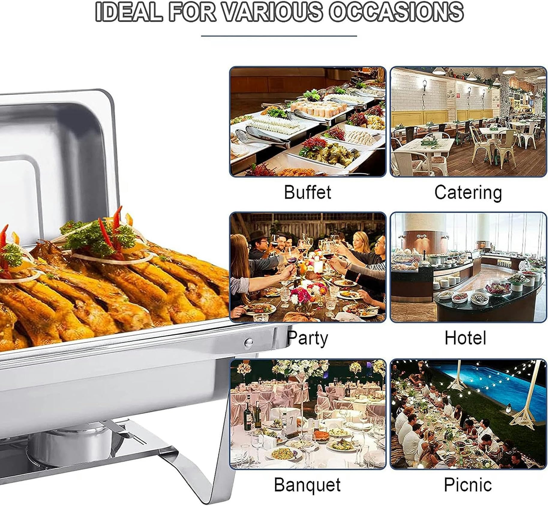 Chafing Dish commerciale da 9 litri, scaldavivande in acciaio inox per buffet con teglia per alimenti, teglia per l'acqua, coperchio, telaio e contenitore per combustibile, per cucina, feste, cene, bu