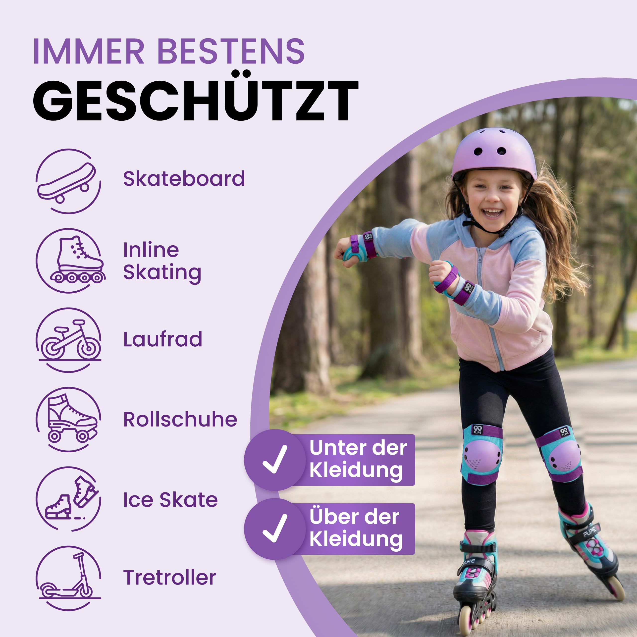 99FLIPS Schützer Inliner Kinder Set 5-12 Jahre [6er Set] mit Knieschoner, Ellenbogenschoner und Handschoner - Skateboard, Inline Skates, Scooter & Rollschuhe