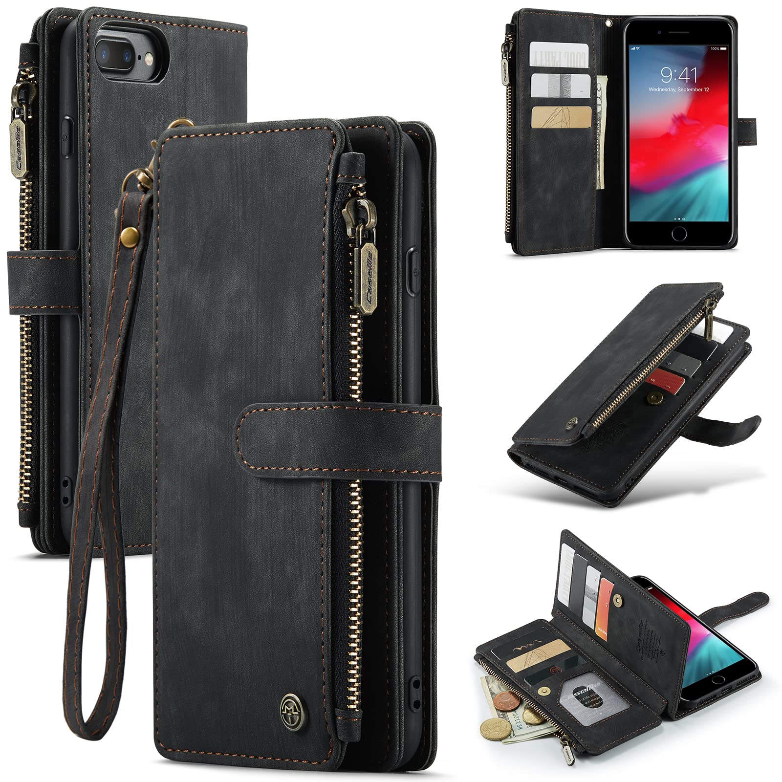 ELEPIK for iPhone 6/7/8/SE2/SE3 Wallet Case with Card Holder, Kickstand, Wristlet for Women Men, Durable PU Leather Magnetic Wallet Phone Case for iPhone 6/7/8/SE2/SE3, Elegant Black