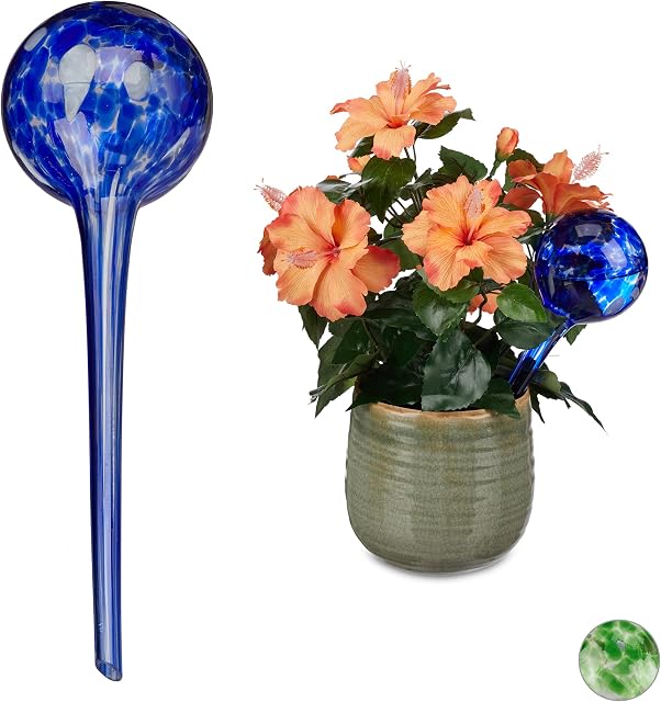 Relaxdays Watering Globes, Regulated Plant Irrigation for Office & Holiday, Glass, Ø9 cm, Blue, Set of 2