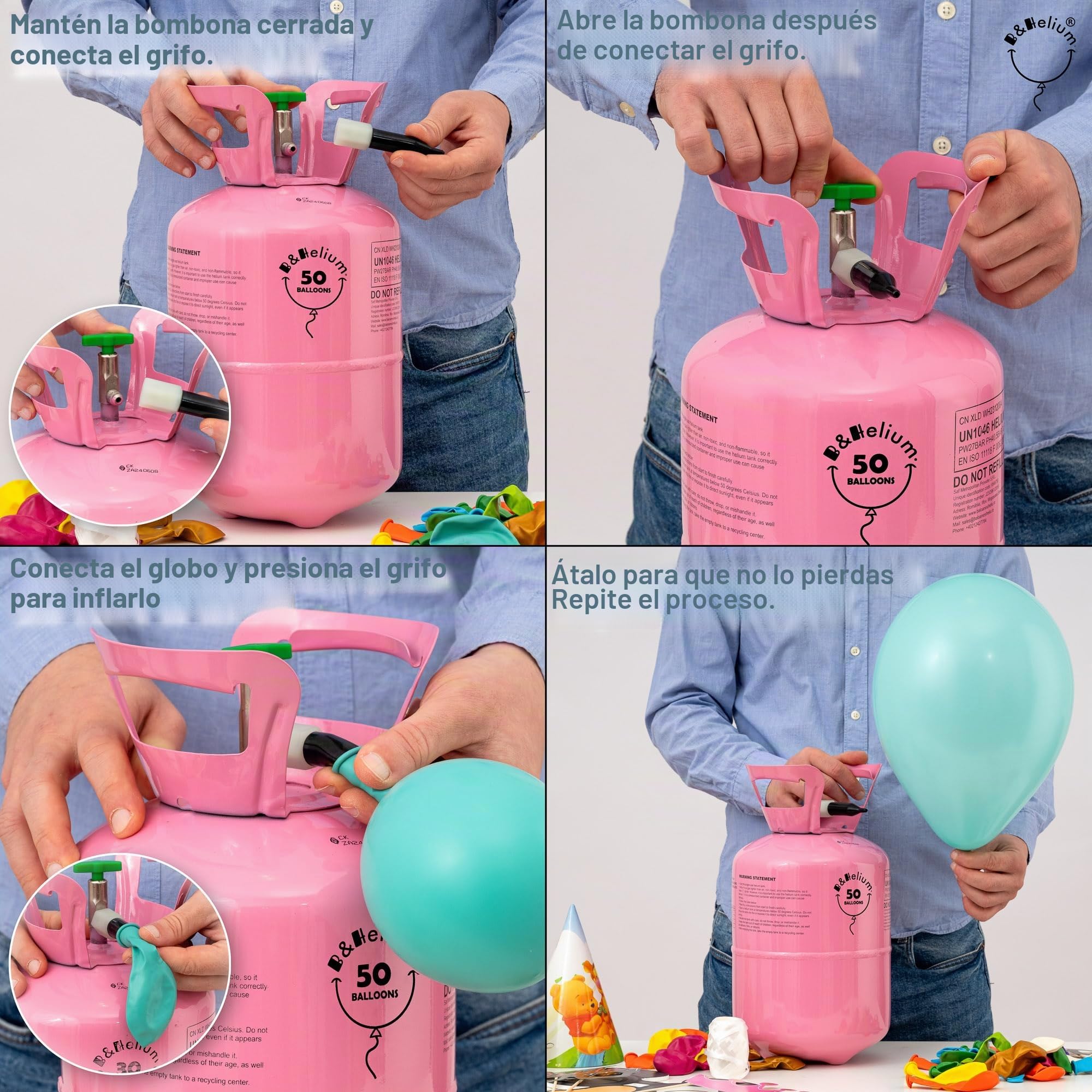 B&Helium Botella de helio rosa con gas para 50 globos de larga duración – Incluye válvula de llenado – Perfecto para decoración de fiestas, cumpleaños, bodas y diversos eventos.