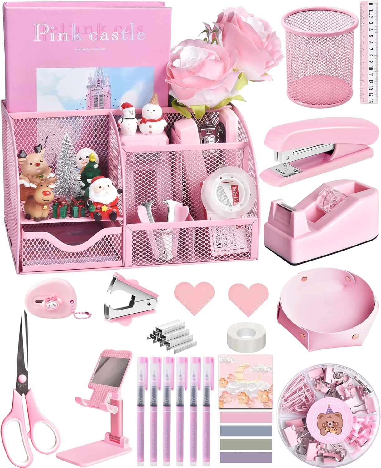 Pink Desk Accessories, 24Pcs Pink Office Supplies and Desk Organizers, with Tape Dispenser, Stapler, Staple Remover, Ect, Christmas Gifts