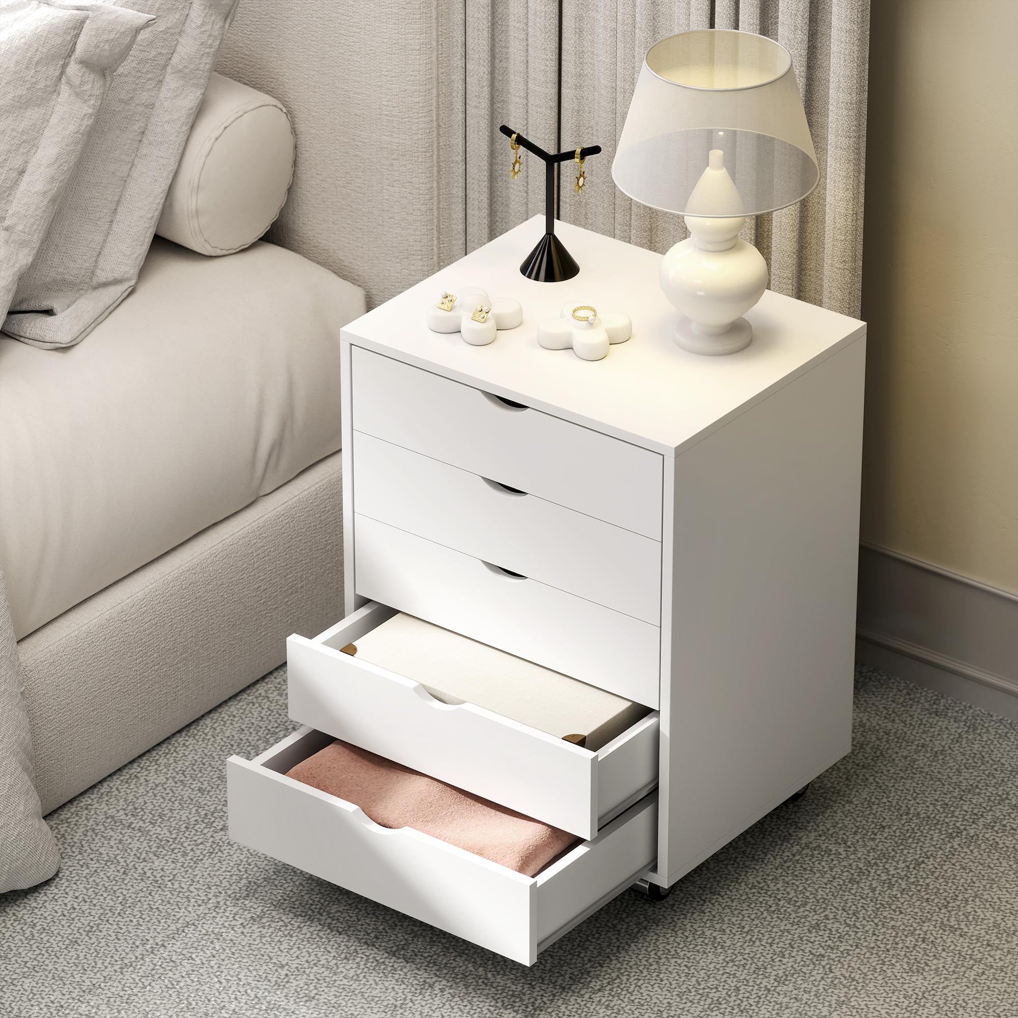 HOMCOM Schedario da Ufficio Cassettiera, 5 Cassetti, 50x40x67.5 cm, Bianco | Ruote, Blocco, Cassettiera Ufficio, per Documenti A3/Lettera/Formato A4, Armadietto Verticale Salvaspazio, per Studio