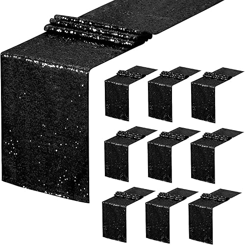 Miniatura 1 de Camino de mesa negro brillante de Halloween, 10 paquetes de 12 x 108 pulgadas, tela de lentejuelas con purpurina para fiestas de cumpleaños,