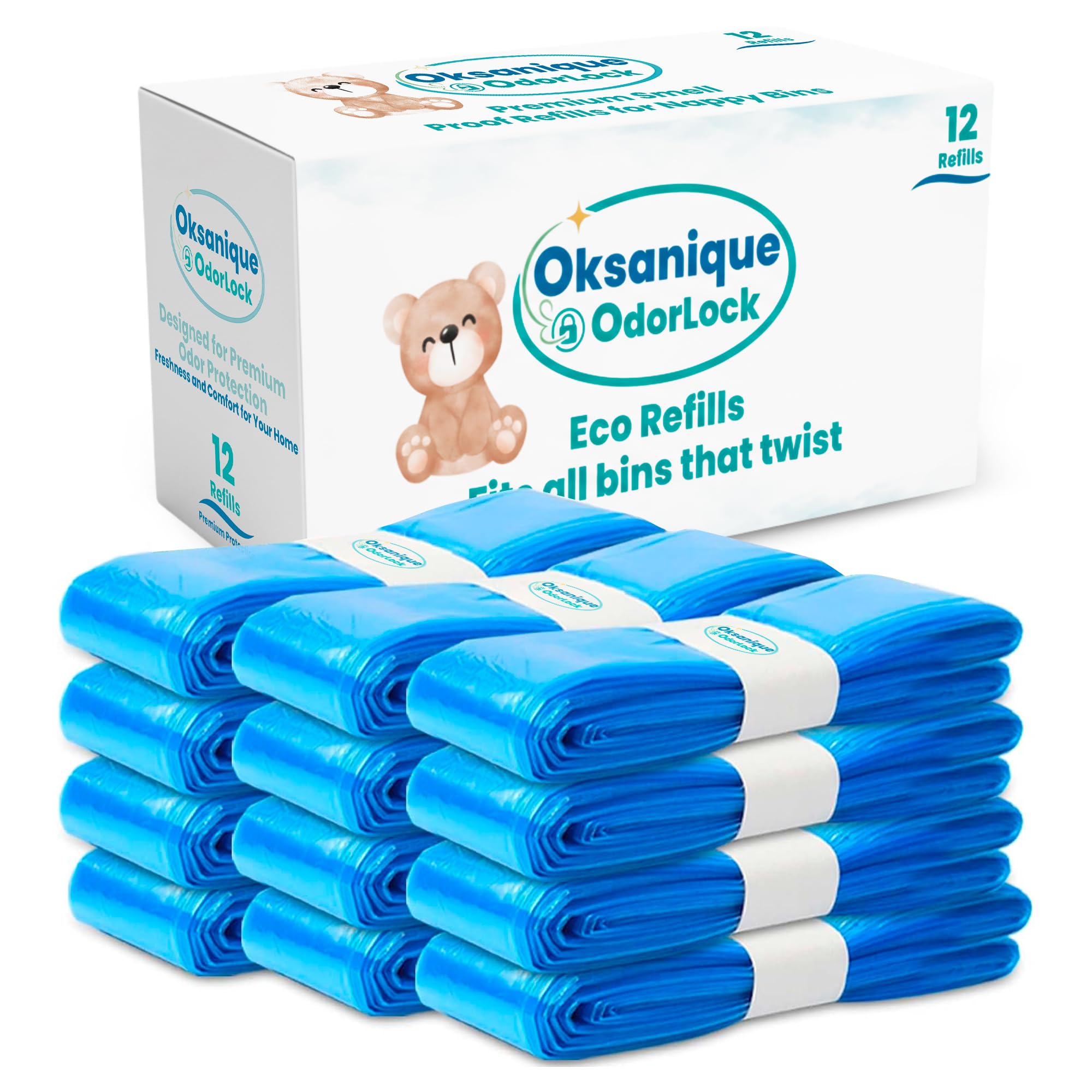 OKSANIQUE OdorLock 12-Pack Nappy Bin Refills 7-Layer EVOH Odor-Lock Bags Compatible with Tommee Tippee, Sangenic