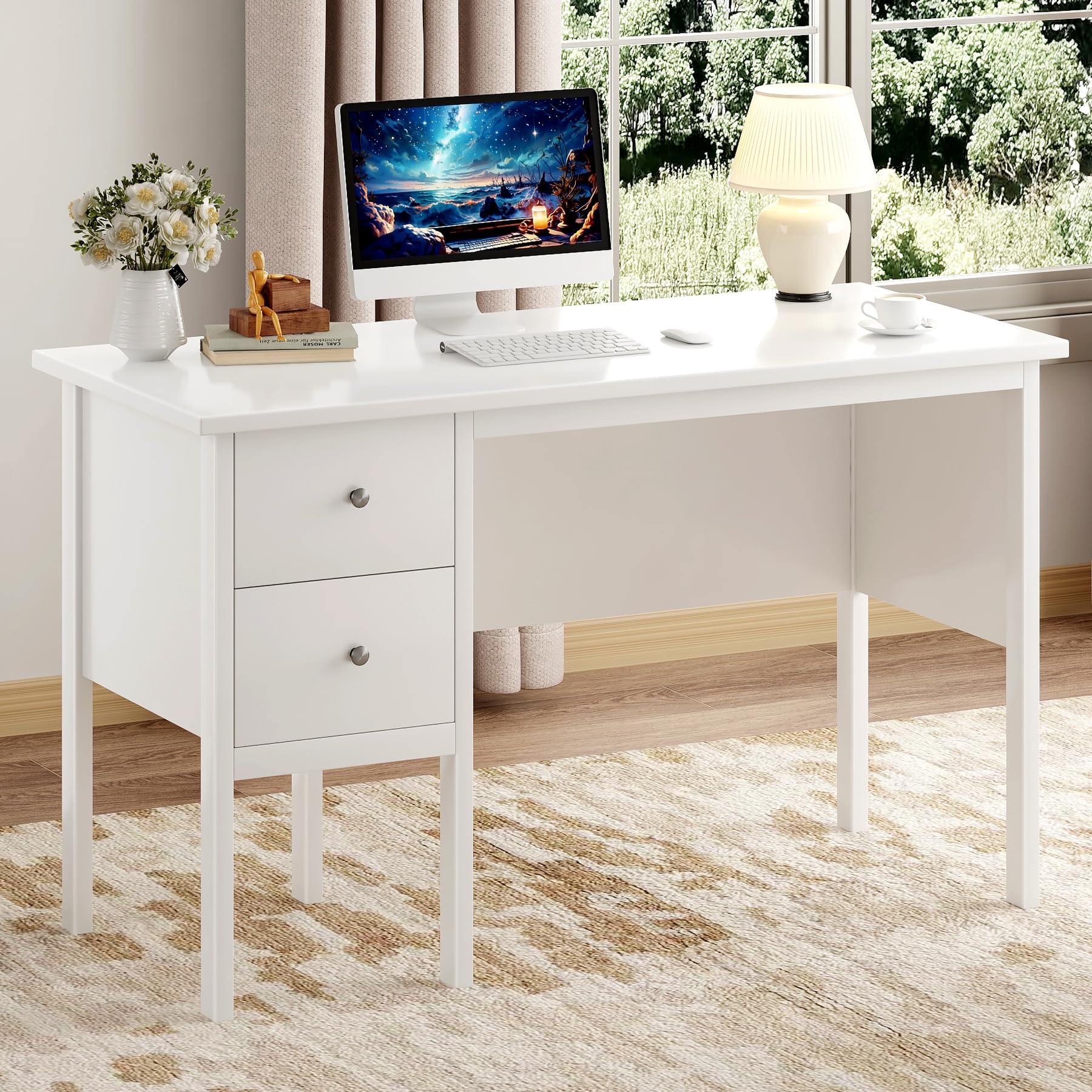 BHG Computer Desk with Drawers,Modern White Home Office Desk with Storage Filing Cabinet, Vanity Desk Makeup Dressing Table for Bedroom,Small Writing