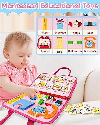 Miniatura 4 de Gojmzo Busy Board - Juguetes Montessori para niñas de 1, 2, 3 años, regalos de cumpleaños, juguetes sensoriales de viaje para niños de 1 a 3 años,