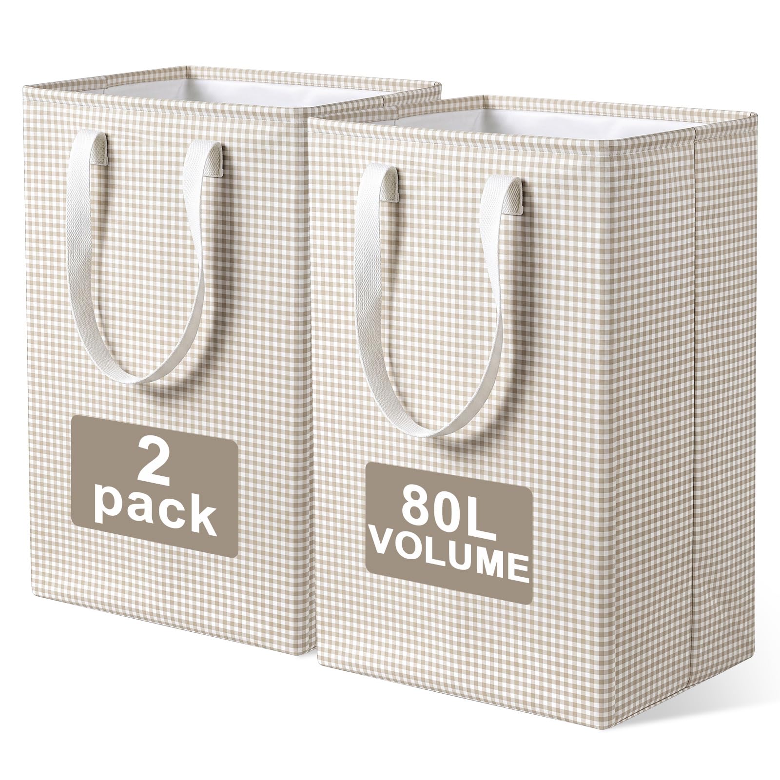 2 Pack Beige Gingham Laundry Baskets, 80L Each Collapsible Laundry Hamper