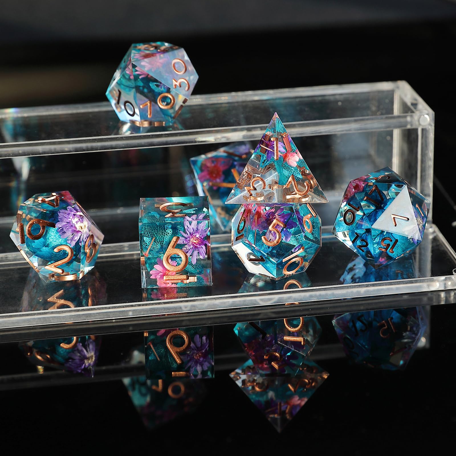 Flower DND Dice Set 7 szt. D4 D6 D8 D10 D12 D20 D% wielościenne ręcznie robione kości D&D z żywicy do lochów i smoków Pathfinder Roll Playing Table Games RPG MTG Games with Gift Box