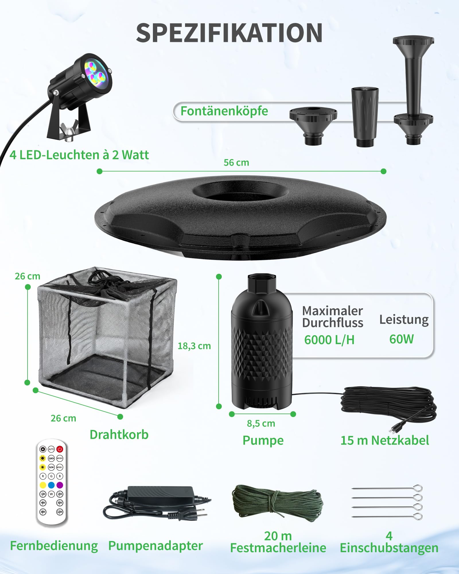 POPOSOAP Schwimmende Teichfontäne & Belüftung Komplett-Set mit LED-Leuchten, 6000 L/h Hochleistungs-Wasserpumpe, 9m Stromkabel, 3 Spritzmuster für Teiche, Pools, Seen & WasserGärten