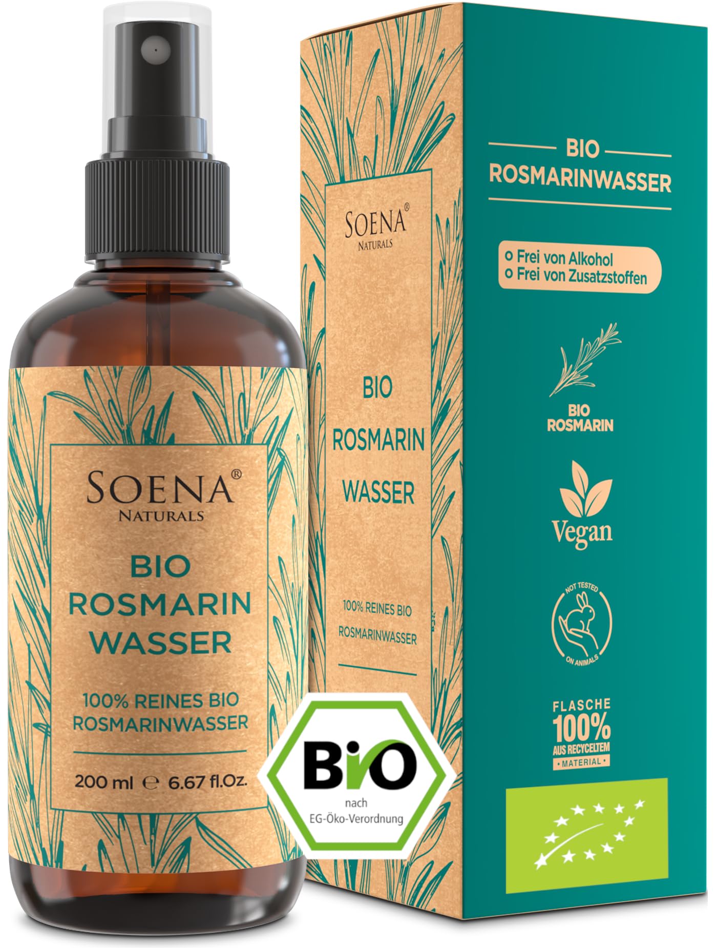 100% BIO ROSMARINWASSER 200ml | [BIO-ZERTIFIZIERT] 100% NATURREIN Aus Echtem Rosmarin Gesichtswasser - Beruhigt & Verfeinert Poren | Für Gesicht Körper & Haare | 100% REIN