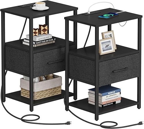 TUTOTAK Juego de 2 mesitas de noche, mesita de noche con estación de carga, mesa auxiliar, mesita de noche con cajón de tela, mesa auxiliar para