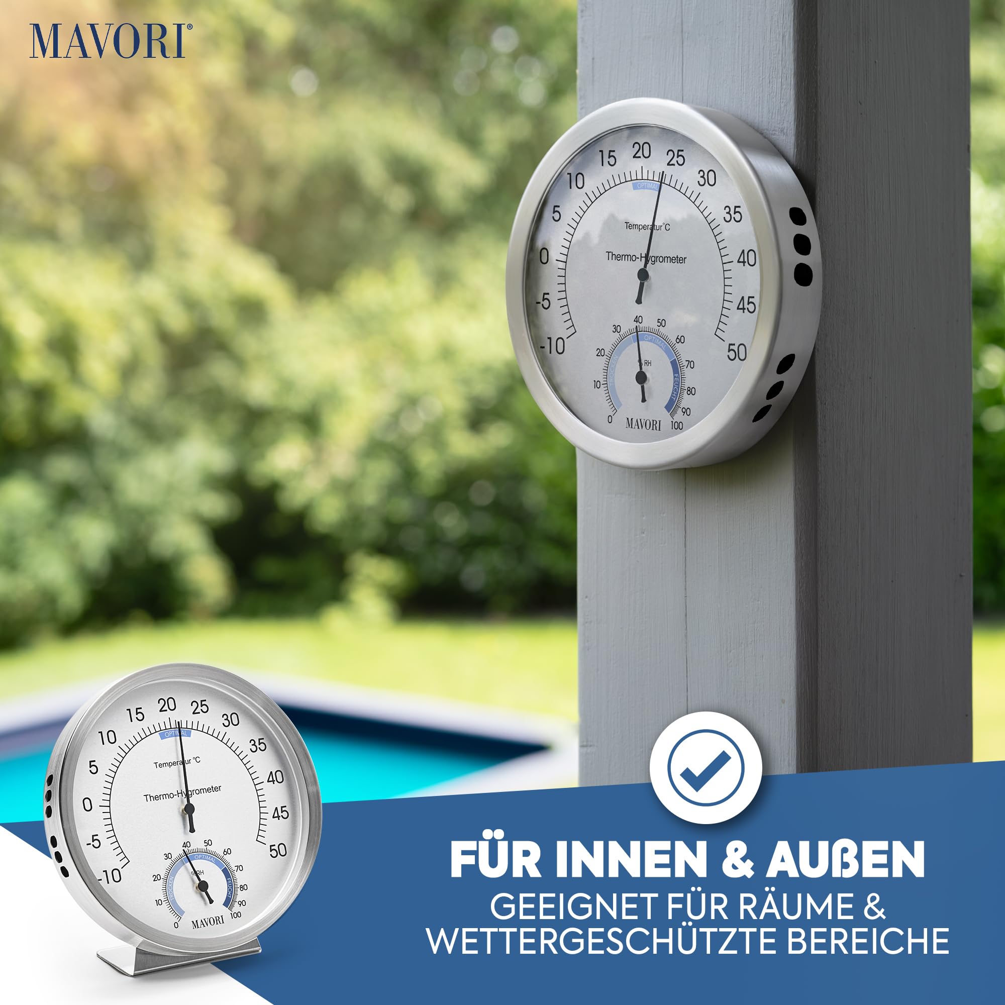 2in1 Thermometer & Hygrometer aus Edelstahl | Analog Hygrometer & Thermometer | Luftfeuchtigkeitsmesser & Raumthermometer innen für Ihr gesundes Raumklima | Ø 12,5cm