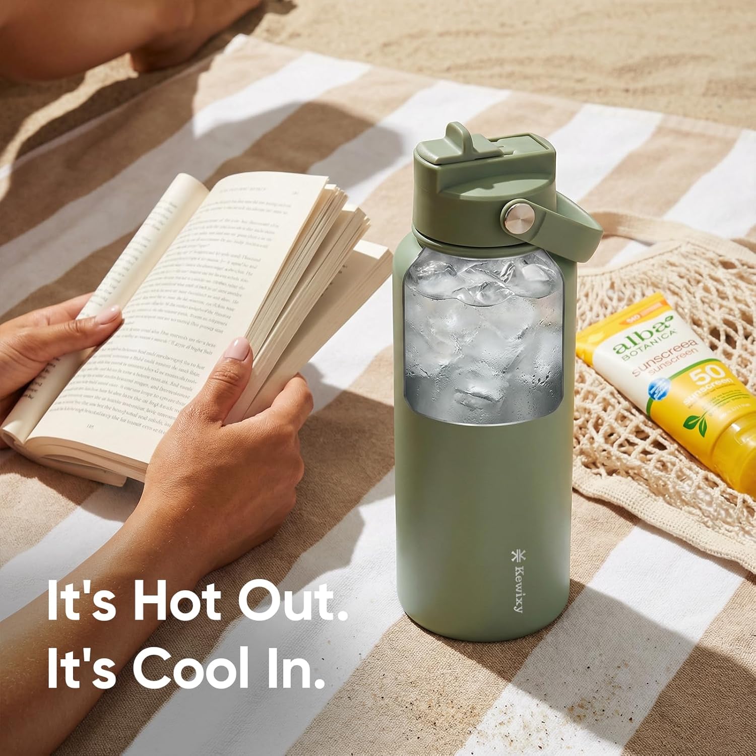 KEWIXY 32 oz Insulated Water Bottle with Straw, Easy Slide Lid, Leak Proof, Keep Cold 24H, Vacuum Insulated Tumbler, Metal Stainless Steel with Handle, Sage