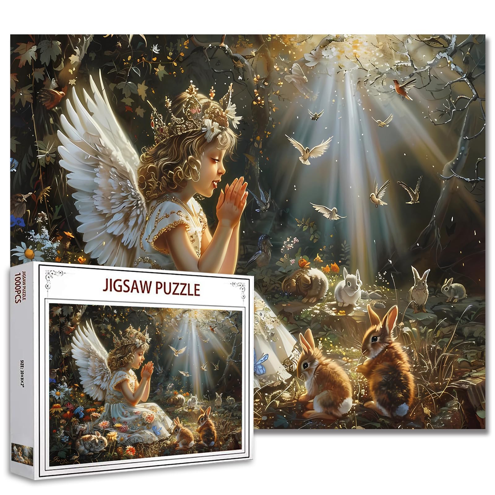 Tucocoo Cute Girl Jigsaw Puzzle with Wings for Adults 1000 Pieces Praying Angel Vintage Animals Colorful Puzzle for Home Decoration Family Puzzle Perfect for Game Night