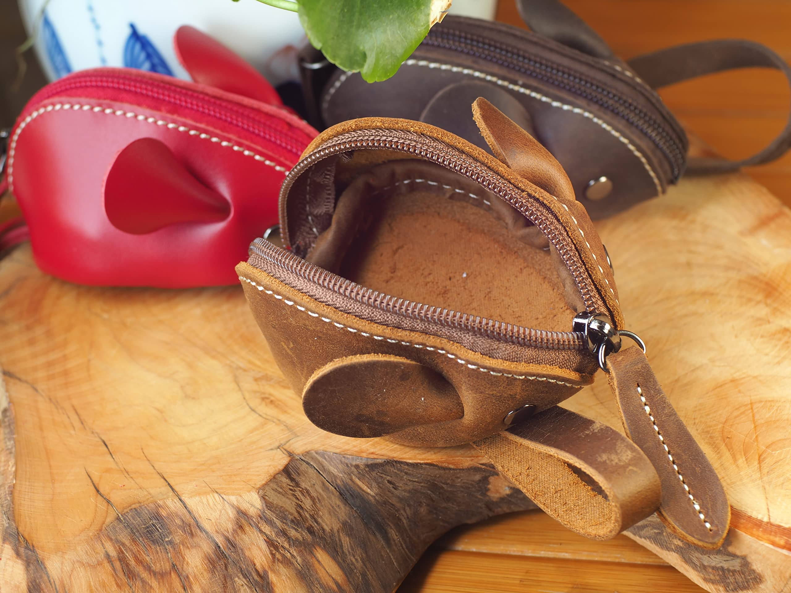 Kleingeldbörse Maus Shape aus Leder - Schlüsseltasche Münzbörse Münzbeutel Coin Purse klein Geldbörse Geldbeutel Kleingeldportemonnaie (Hellbraun)