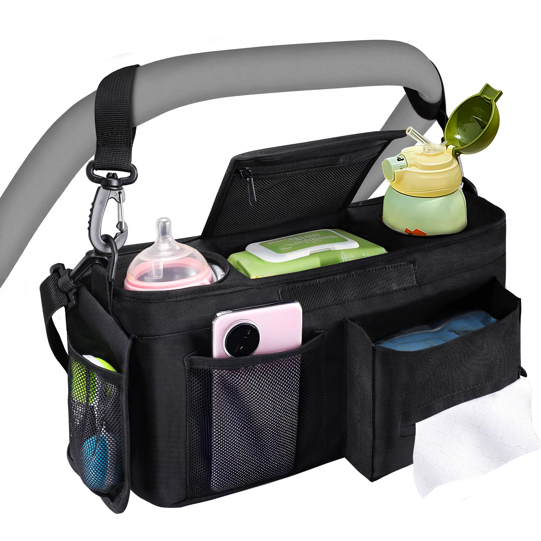 Universal Kinderwagen Organizer mit isolierten Getränkehalter/Becherhalter, Verstellbare Baby Buggy Kinderwagentasche für Windeln & Handys, Baby Kinderwagen Schultergurt & Zubehör (Schwarz)
