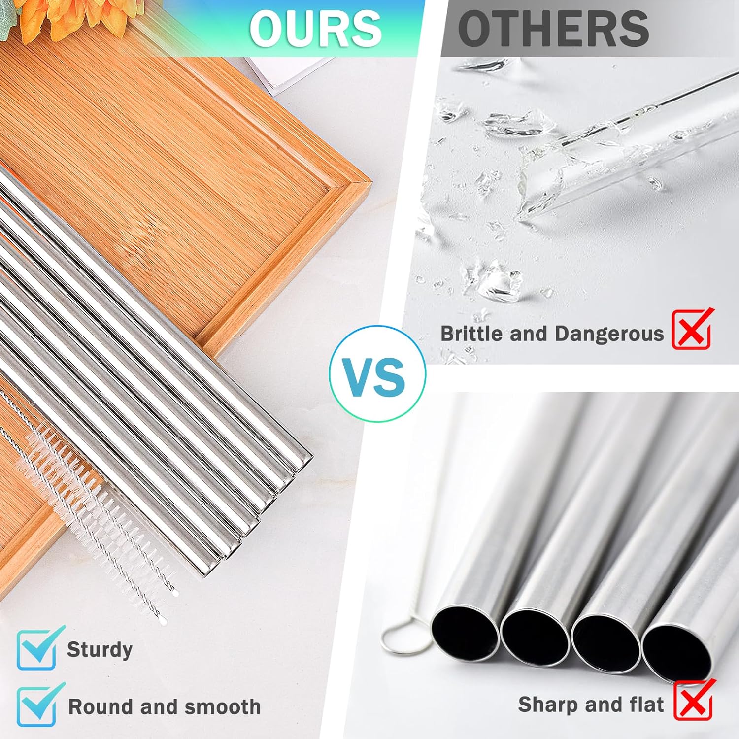 Replacement Stainless Steel Straws for Owala FreeSip/Flip 24 oz 32 oz, 6 Pack Metal Reusable Straws with 2 Straw Cleaner Brushes for Owala FreeSip/Flip Accessories - Image 2