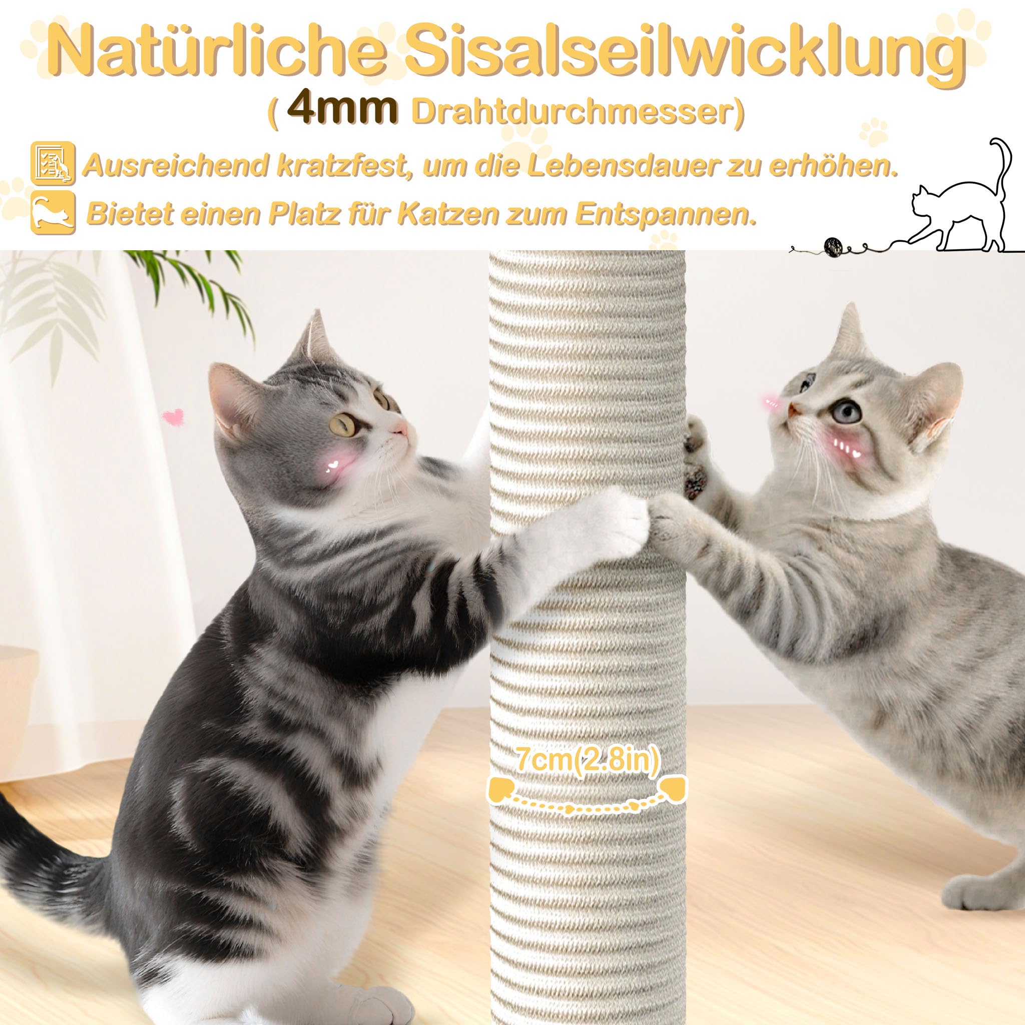 NAIZY Rascador grande para gatos, 49 x 49 x 130 cm, XXL, con columnas de sisal y cueva para gatos, antideslizante, gris K1254