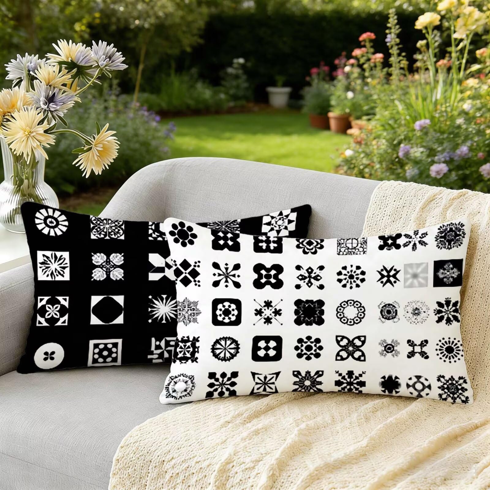 Taie oreiller housses de cushions rectangulaire 50 x 70 noir impermeable exterieur et canape