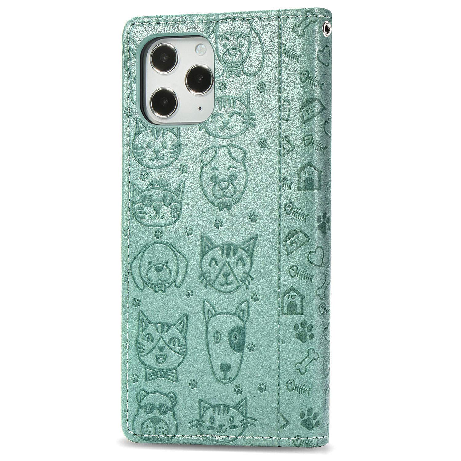 Butnyeoe Cover per iPhone 12/12 Pro Libro,Gatti/Fiori Motivo in Rilievo Custodia,PU Pelle Protettiva Portafoglio Flip Wallet Case Con Slot per Schede e Magnetica Supporto,Blu-Verde