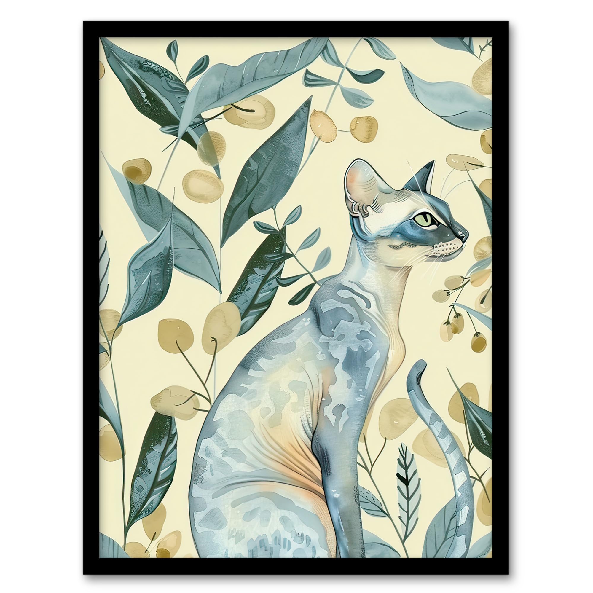 Artery8 Cat Lover Teal Tan Oriental Shorthair Portrait Living Room Artwork Framed Wall Art Print A4