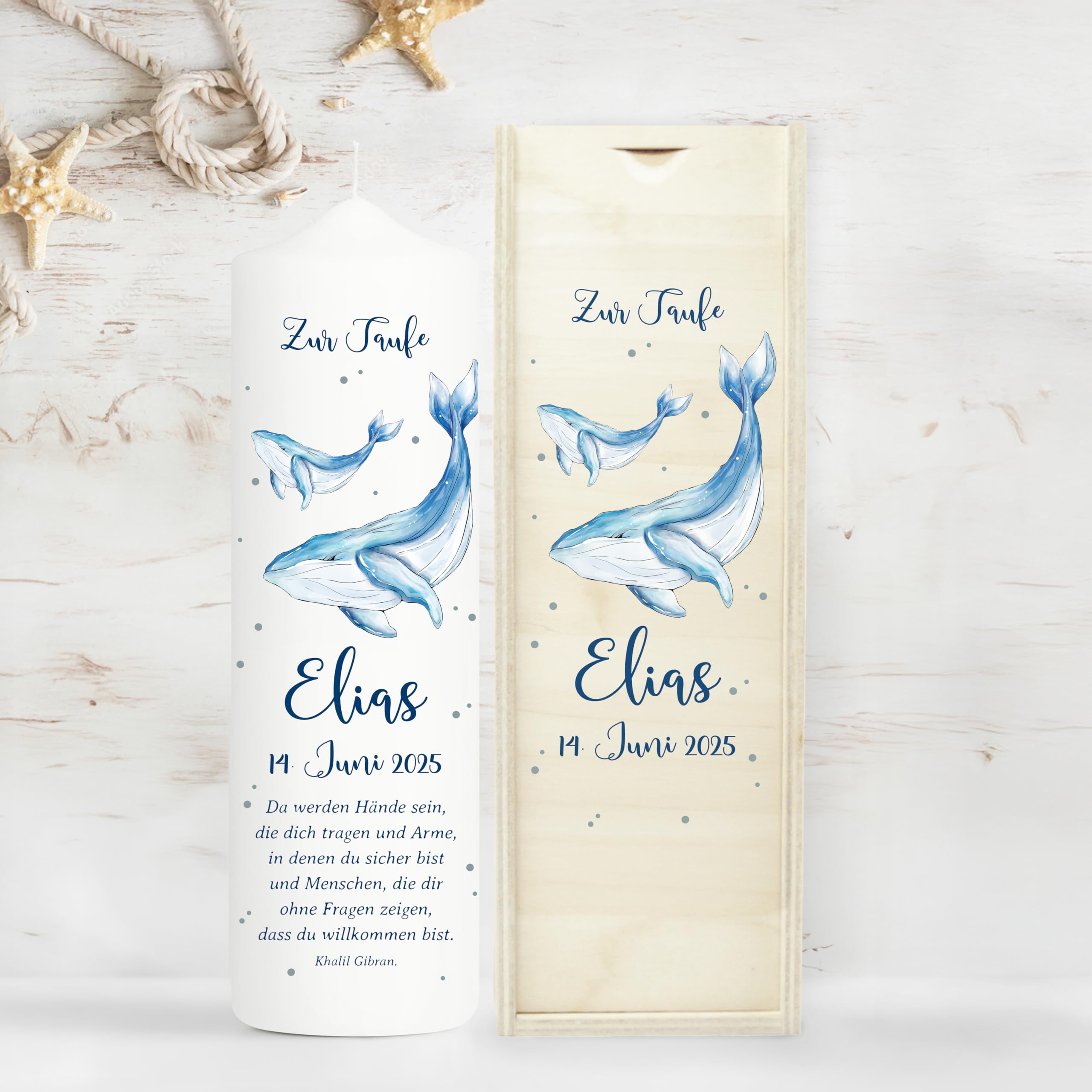 Wandtattoo Loft Taufkerze Junge mit Taufspruch + 2 Patenkerzen, Motiv Blauer Wal 25 x 7 cm, personalisierte Kerze, bedruckte Kerze zur Taufe, Taufgeschenk