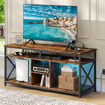 TV Stand for 55 Inch TV, Entertainment Center with Power Outlets and LED Lights, Media Console Cabinet with Storage, X-Shaped Reinforcement for Bedroom, Rustic Brown and Black TDS24UDBF