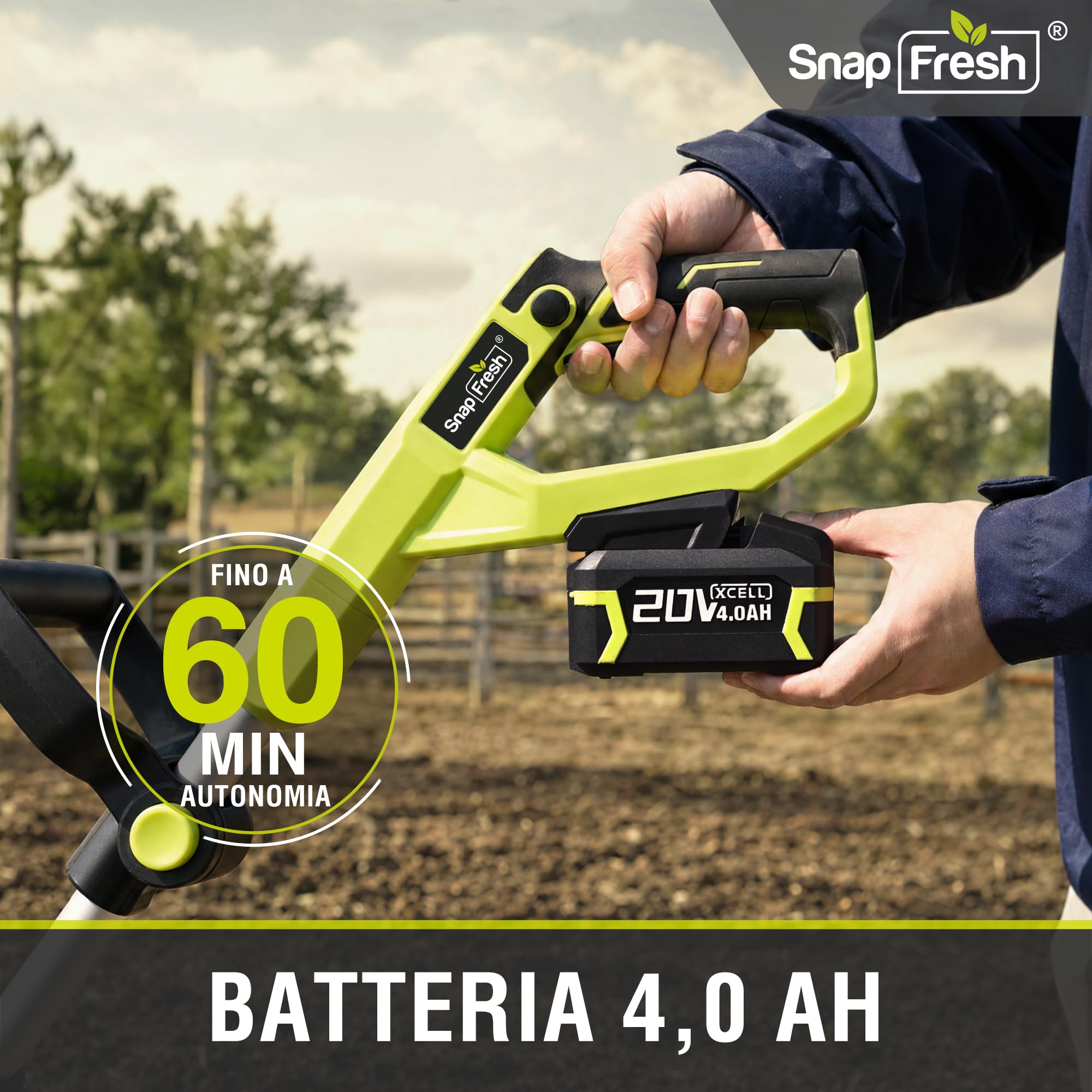SnapFresh Motozappa a Batteria Senza Fili 20V, Coltivatore da Giardino a 3 Velocità con Batteria da 4,0 Ah, Motozappa Elettrica da 300 RPM per Prato/Giardinaggio/Lavorazione del Terreno