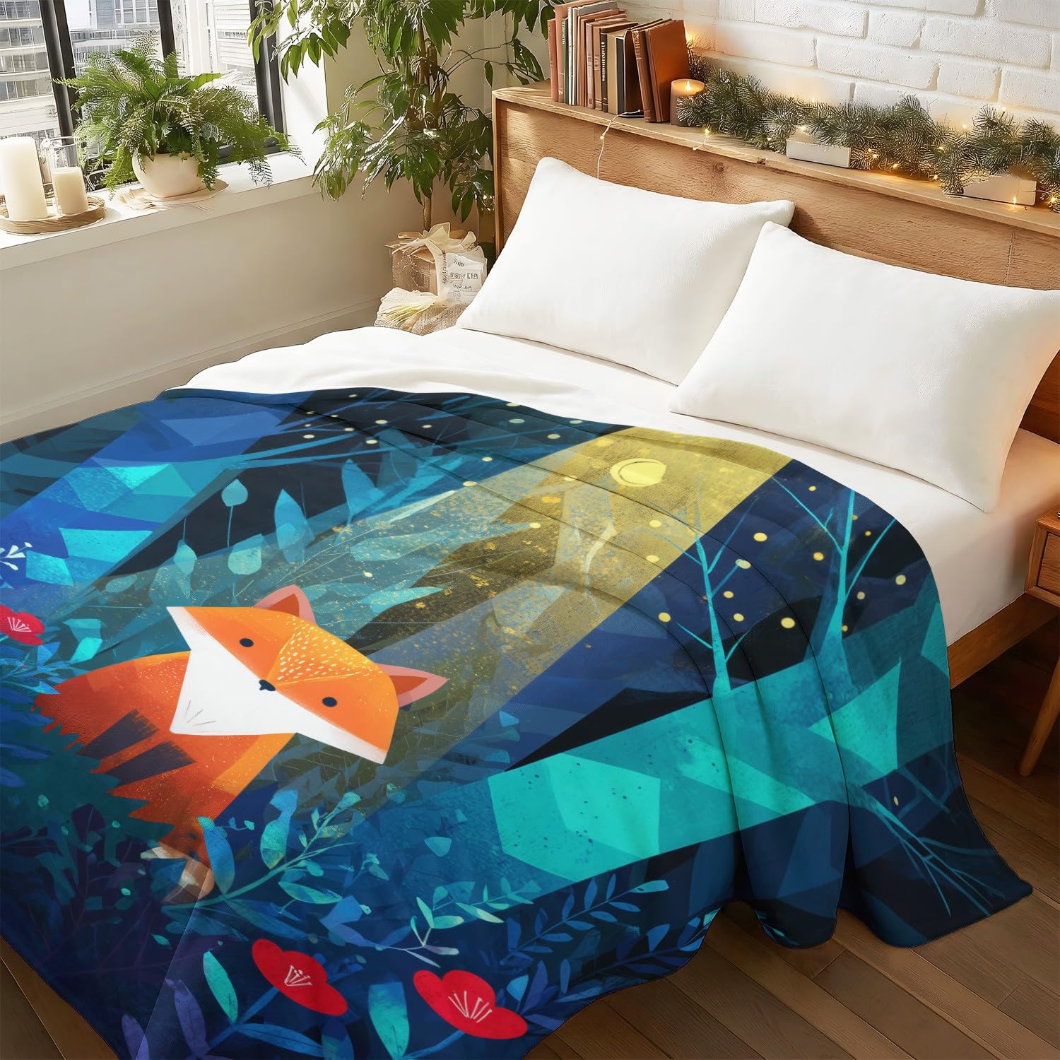 Flanelowy koc w kratę 150 cm x 180 cm grube jesienne koce polarowe, kreskówka minimalistyczny tajemniczy naturalny geometryczny las zwierzęta miękki lis lekkie koce