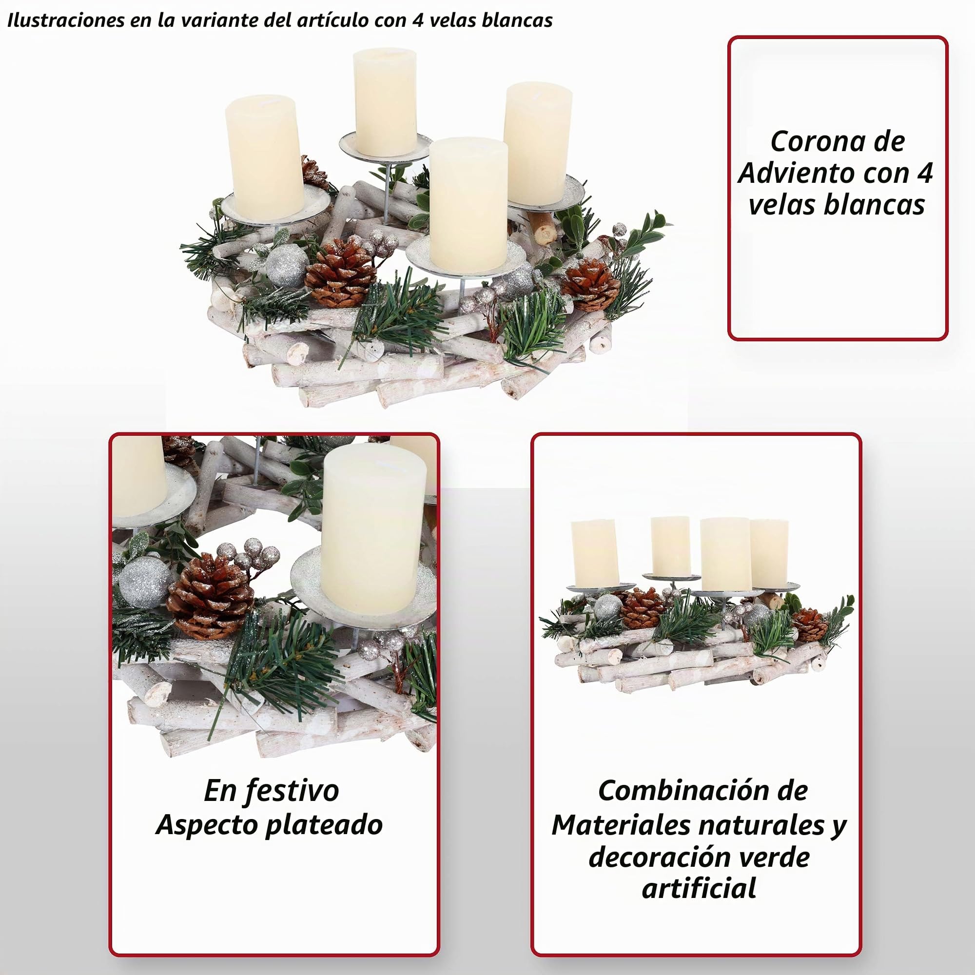 Corona de Adviento HWC-M12, arreglo de Adviento, corona de mesa, decoración navideña para la mesa, corona de madera plateada y blanca de 30 cm de diámetro - con velas
