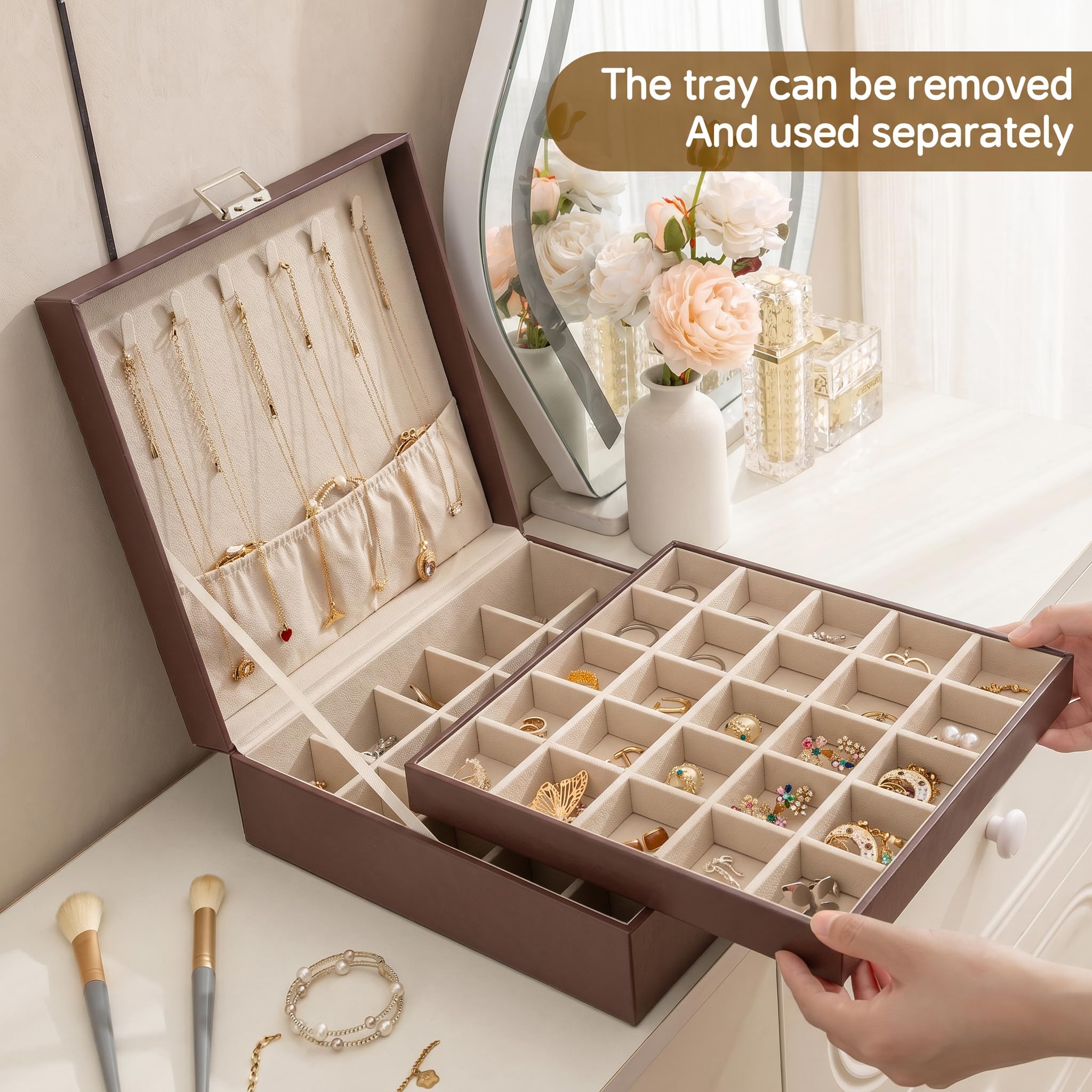 Frebeauty Klassische Schmuckschatulle, 50 Fächer, Ohrringaufbewahrung, zweilagig, mit 6 Haken für Halsketten und Armbandtasche (Dunkelbraun)