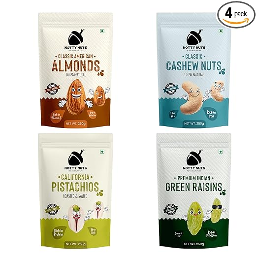 NOTTY NUTS Premium Dry Fruit Combo Pack of 4| Premium Classic American Almonds, Cashew Nuts, Roasted & Salted Pistachios, Green Raisins |Nutritious & Delicious Healthy Dry Fruits 250gm Each