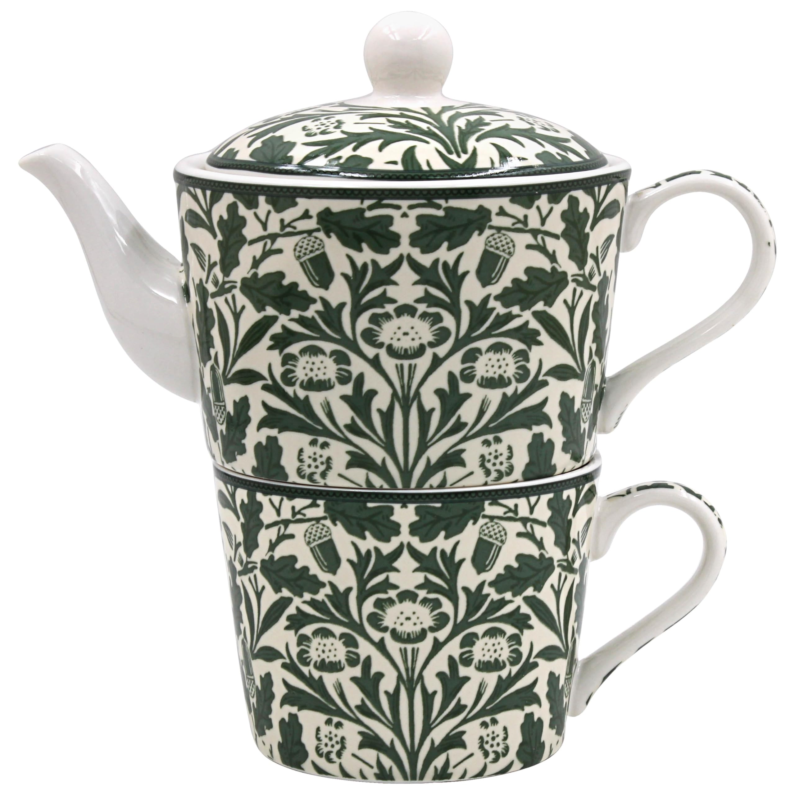 The Leonardo Collection William Morris Acorn Tea for One 250ml Cup and 400ml Pot for Home & Kitchen | Lovely Tea Pot Gift for Women & Men | Stylish Fine China Teapot & Cup Set for Daily Use