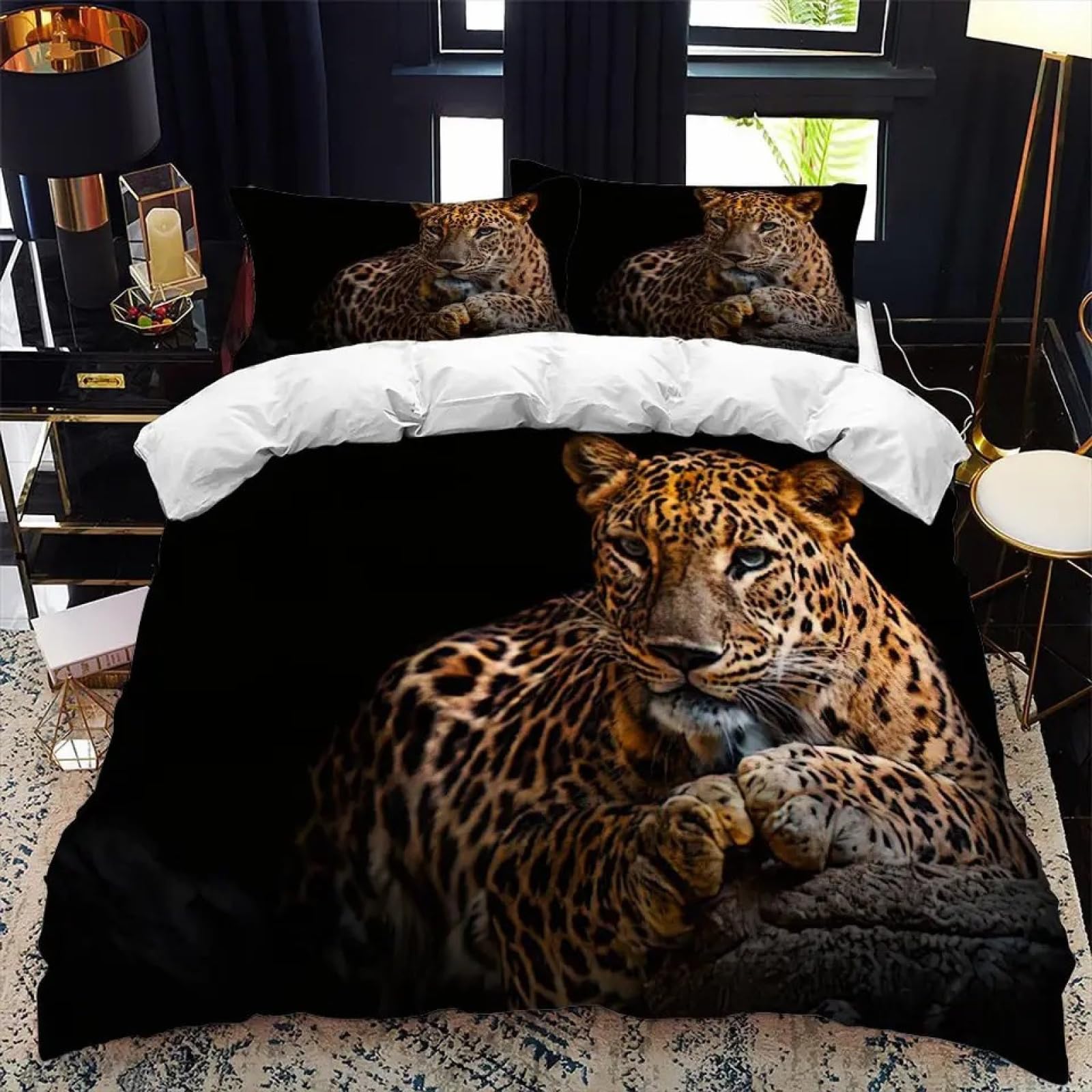 Jaguar Duvet Cover Double BlackBedding Set Printed Soft Microfiber Quilt Cover with Zipper Closure, 200 x 200 cm and 2 Pillow Shams 50 x 75 cm