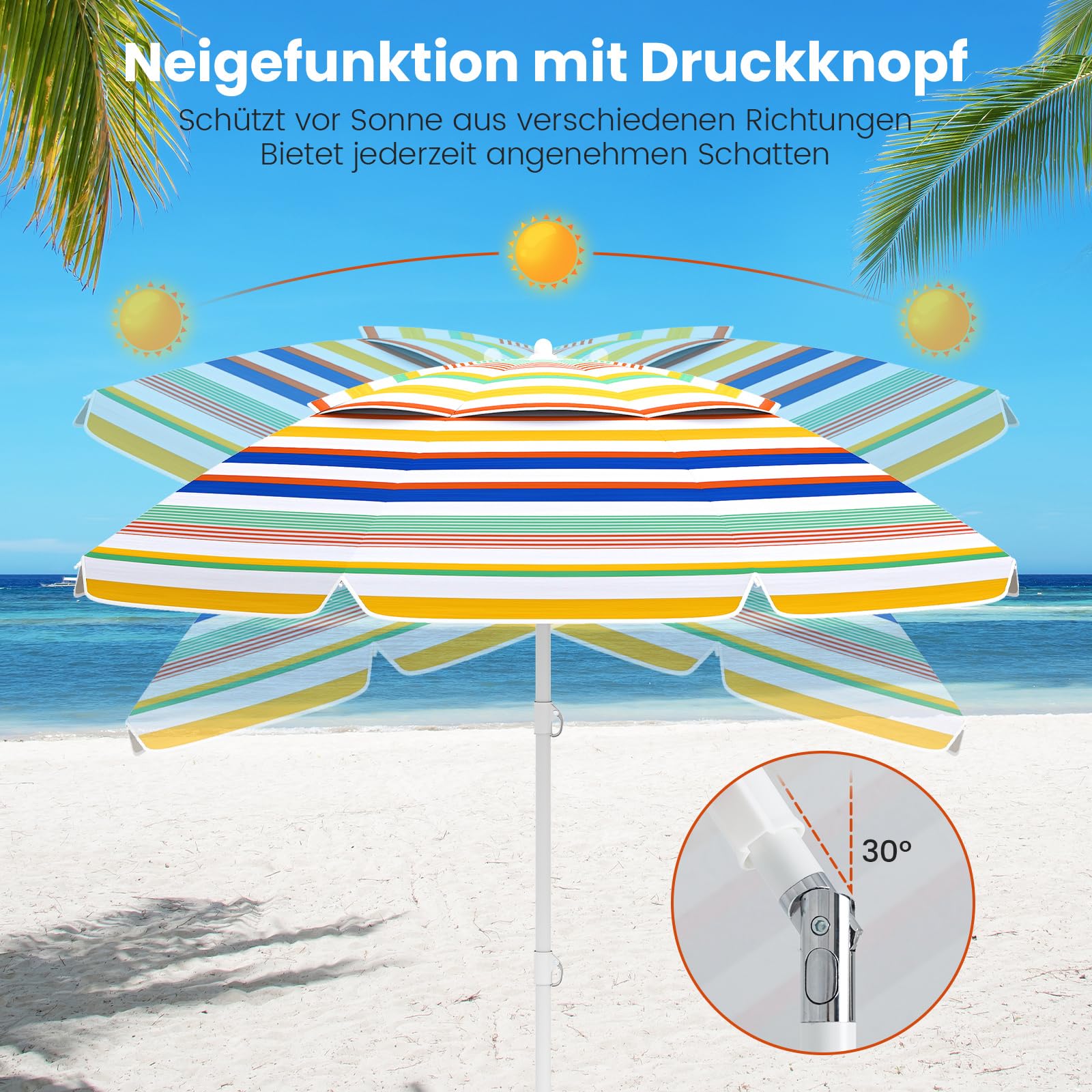 COSTWAY Parasol przeciwsłoneczny na plażę, 179 cm, odporny na wiatr, stabilny UPF 50+, możliwość zginania w zakresie 30°, ochrona przed słońcem z ostrzem do wbijania w ziemię i torbą do przenoszenia